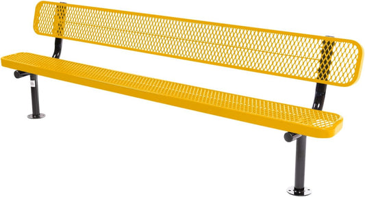 Heavy-Duty Outdoor Bench Thermoplastic Coated, Punched Steel, Commercial-Grade Seating, Made in America (Surface with Back, 8 Ft, Textured Yellow)