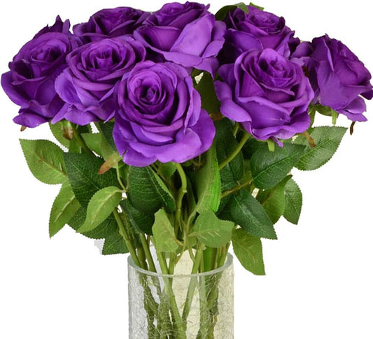 Amzali Artificial Flowers, Real Looking Blush Fake Rose Long Stem Silk Artificial Rose Flower Home Decor for Bridal Wedding Bouquet, Centerpieces Birthday Shower Party Garden floral Arrangement Purple
