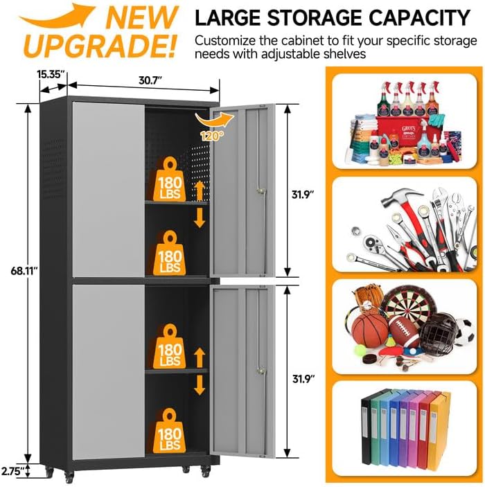 Rolling Garage Storage Cabinet with Wheels and Pegboard,Metal Storage Cabinet with Doors and Adjustable Shelves,Lockable Steel Tool Cabinet for Garage,Warehouse,Utility Room,Home,Office(Black Gray)