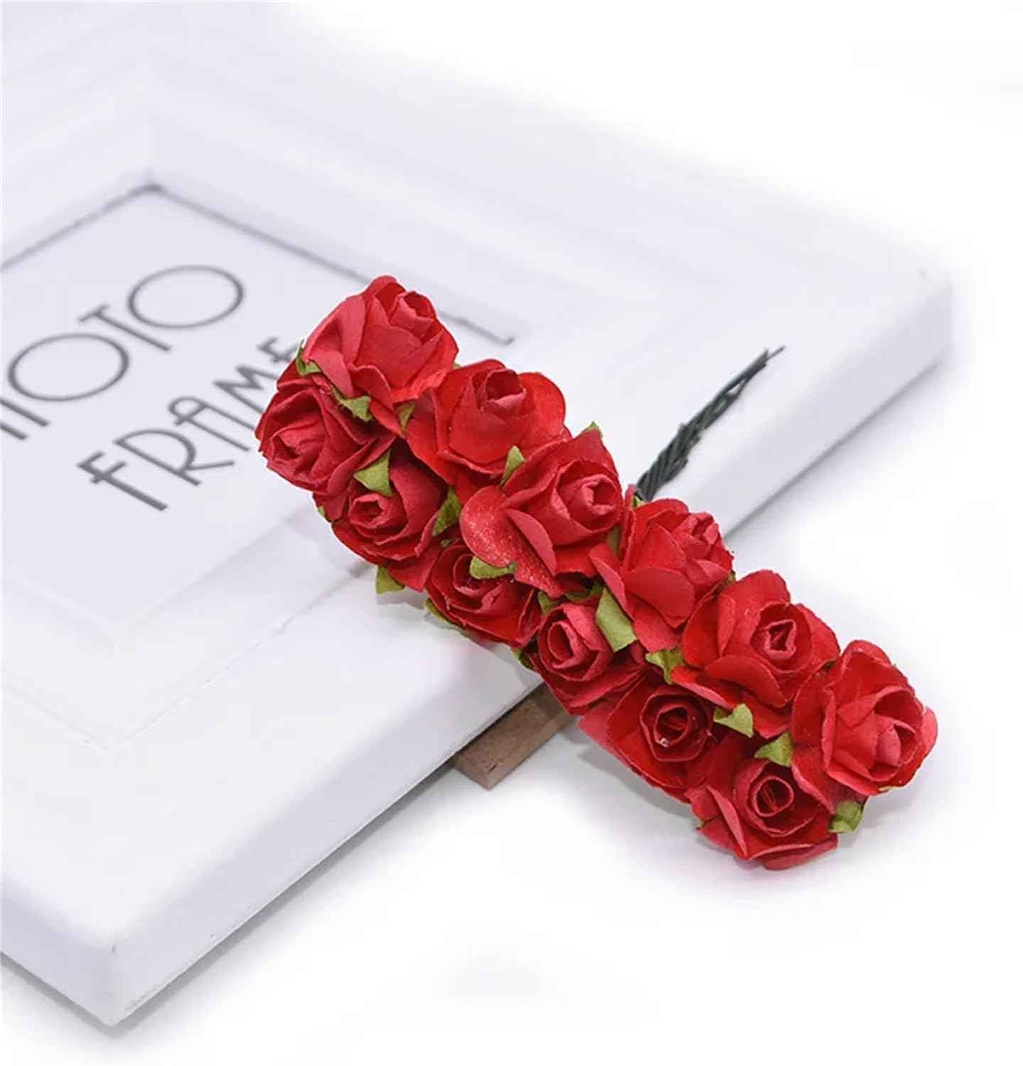 144 Pcs Artificial Mini Fake Rose Flower, Handmade Small Paper Flowers for Crafts Wedding Bouquet Mini Paper Flowers with Stems for DIY Crafts Gift Wreath Scrapbooking HairClips Decoration(Red)
