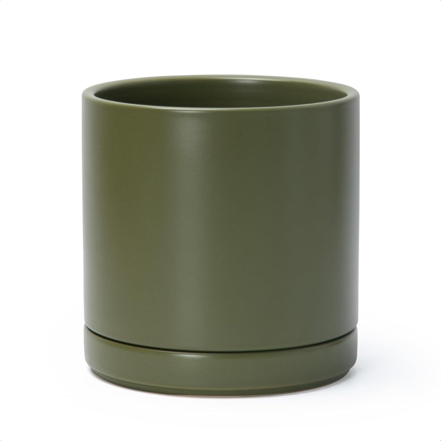 D'vine Dev 8 Inch Ceramic Planter Pot with Drainage Hole and Saucer, Indoor Cylinder Round Planter Pot, Olive, 94-O-D-J