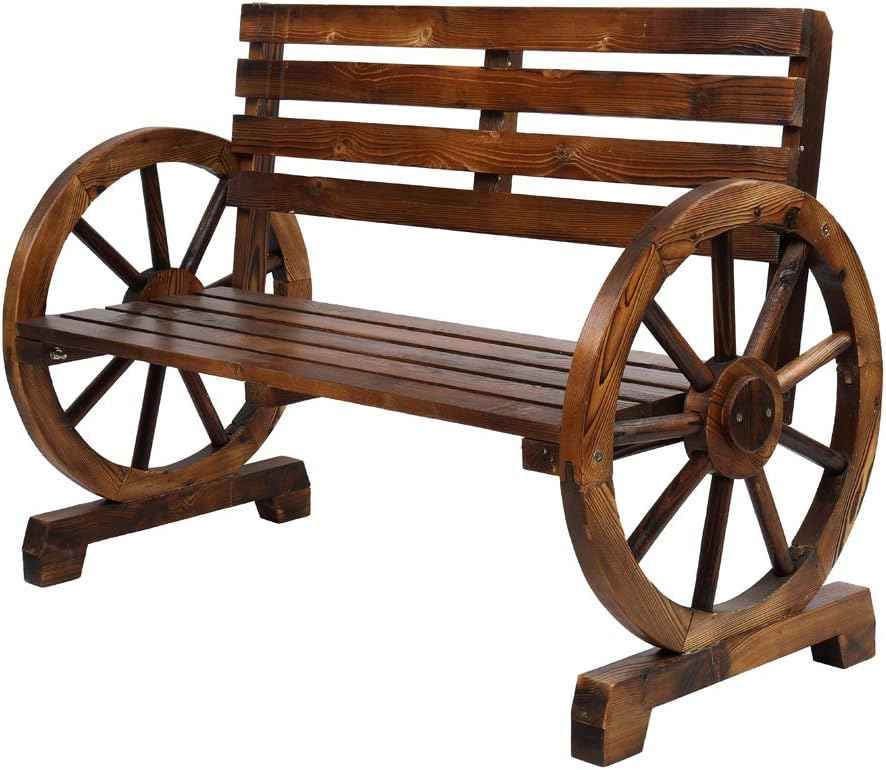 Outdoor Bench, 41 Inch Patio Bench, Rustic Wooden Wheel Bench, Wagon Slatted Seat, Porch Furniture, for Backyard, Patio, Garden, Outdoor Lounge, Brown