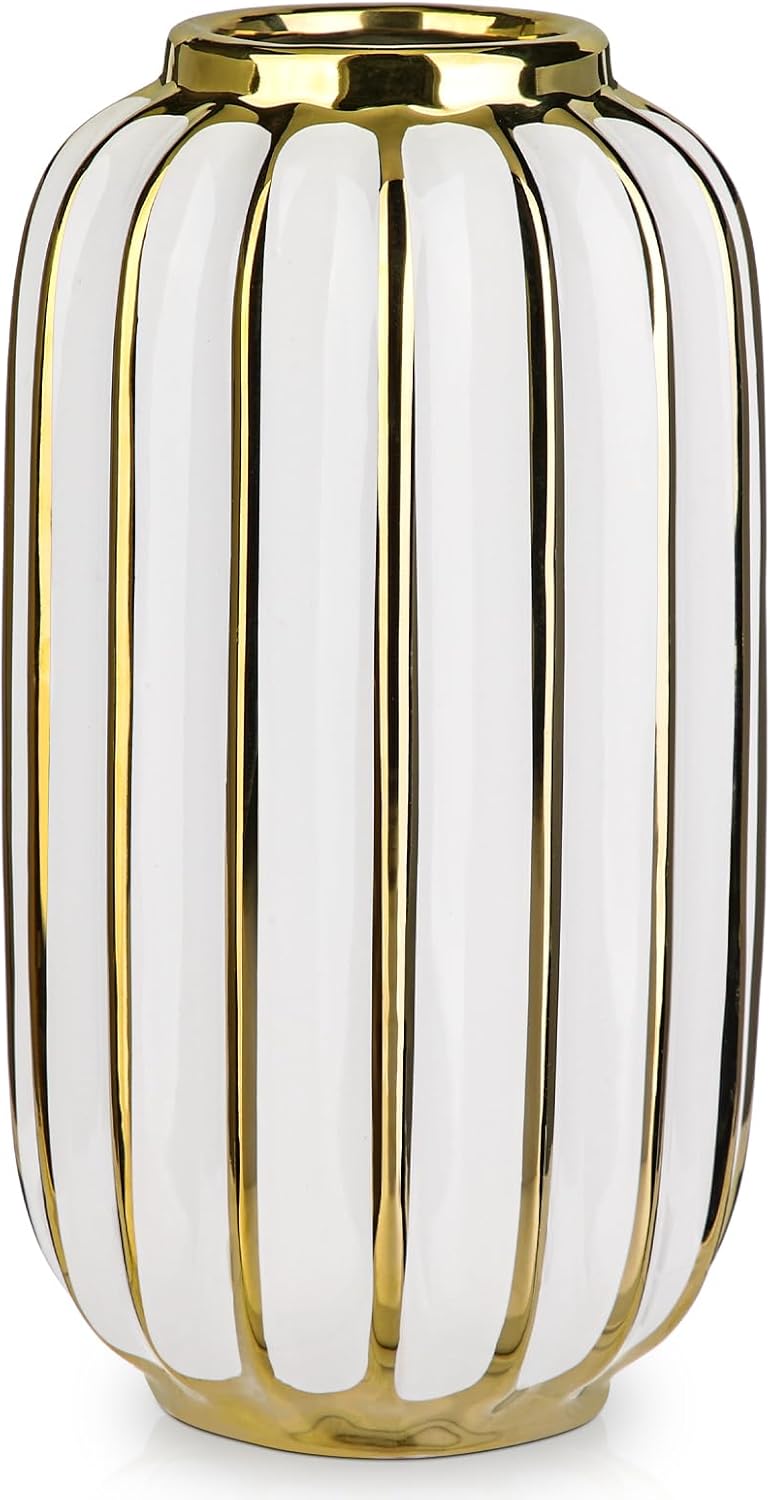 Briful Gold Plated Lantern Ceramic Vase Home Decor Creative Design Porcelain Decorative Flower Vase 11.02'' White Ceramic Vases for Wedding Anniversary Decoration