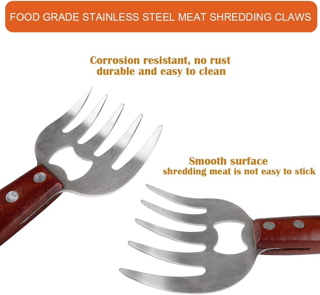AIYUE Meat Shredding Claws Stainless Steel Pulled Pork Shredder Meat Claws for BBQ Shredding Pulling Handing Lifting & Serving Pork Turkey Chicken with Long Wood Handle (2 PCS,BPA Free) - Lumora Garden