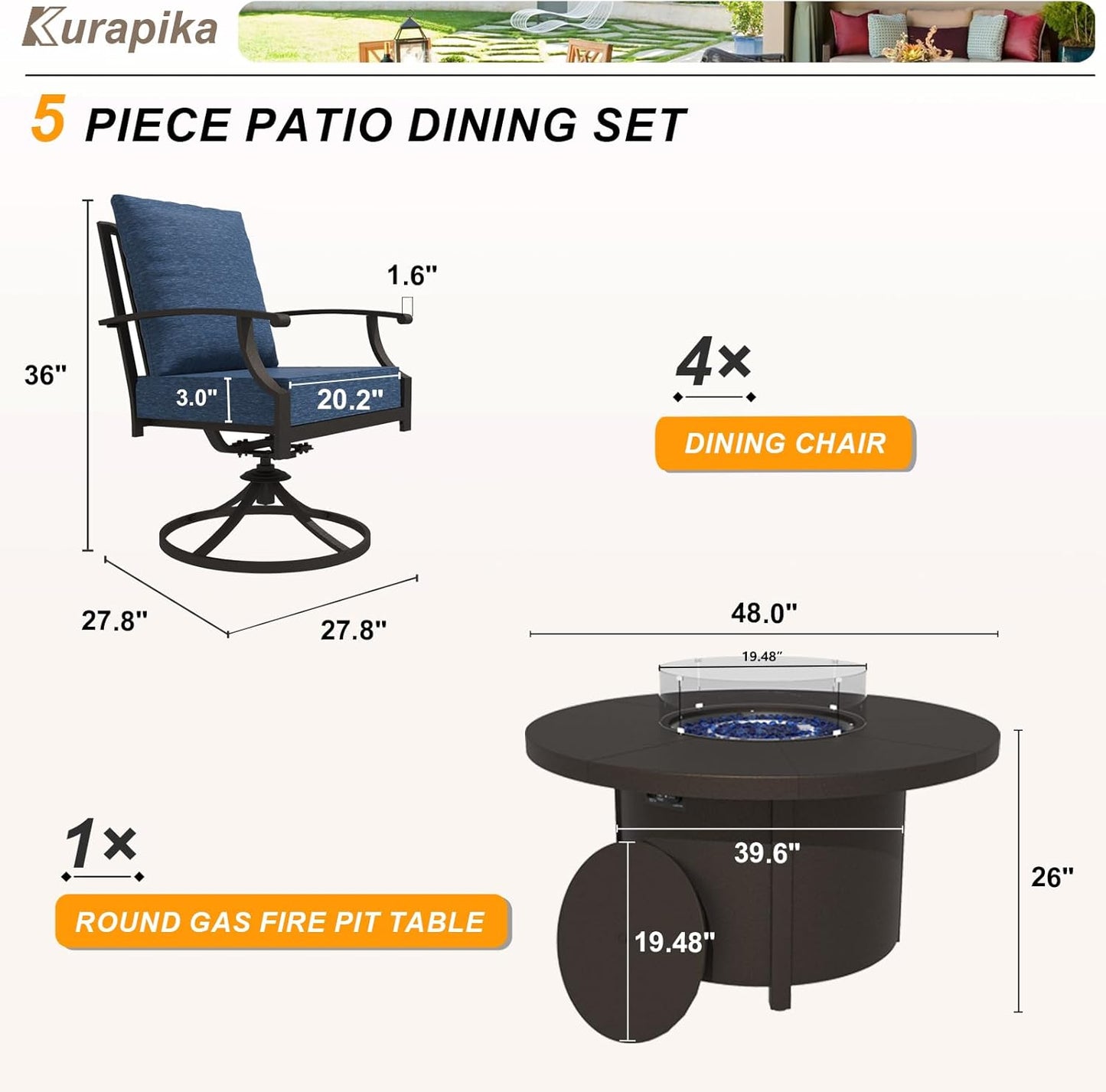 Kurapika 5 Piece Metal Outdoor Patio Furniture Set with Round Fire Pit Table, Patio Conversation Sets 4 Swivel Chairs with Thick Cushion and 40000 BTU Fire Pit Table, Navy Blue