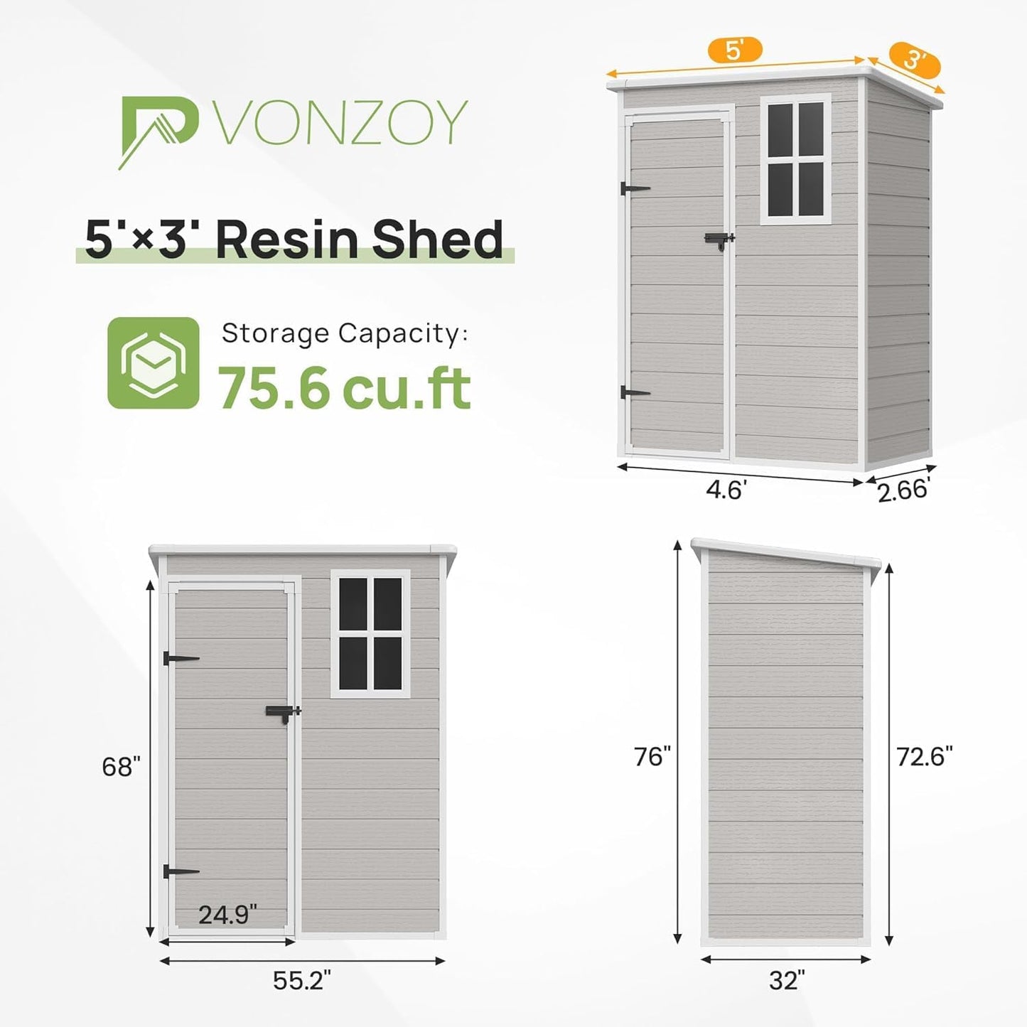 Resin Outdoor Storage Shed with Floor, 5x3FT Plastic Garden Shed, Lockable Door & Window, Waterproof Tool Shed for Bike, Garbage Can, Lawn Mower, Patio Furniture Bedge