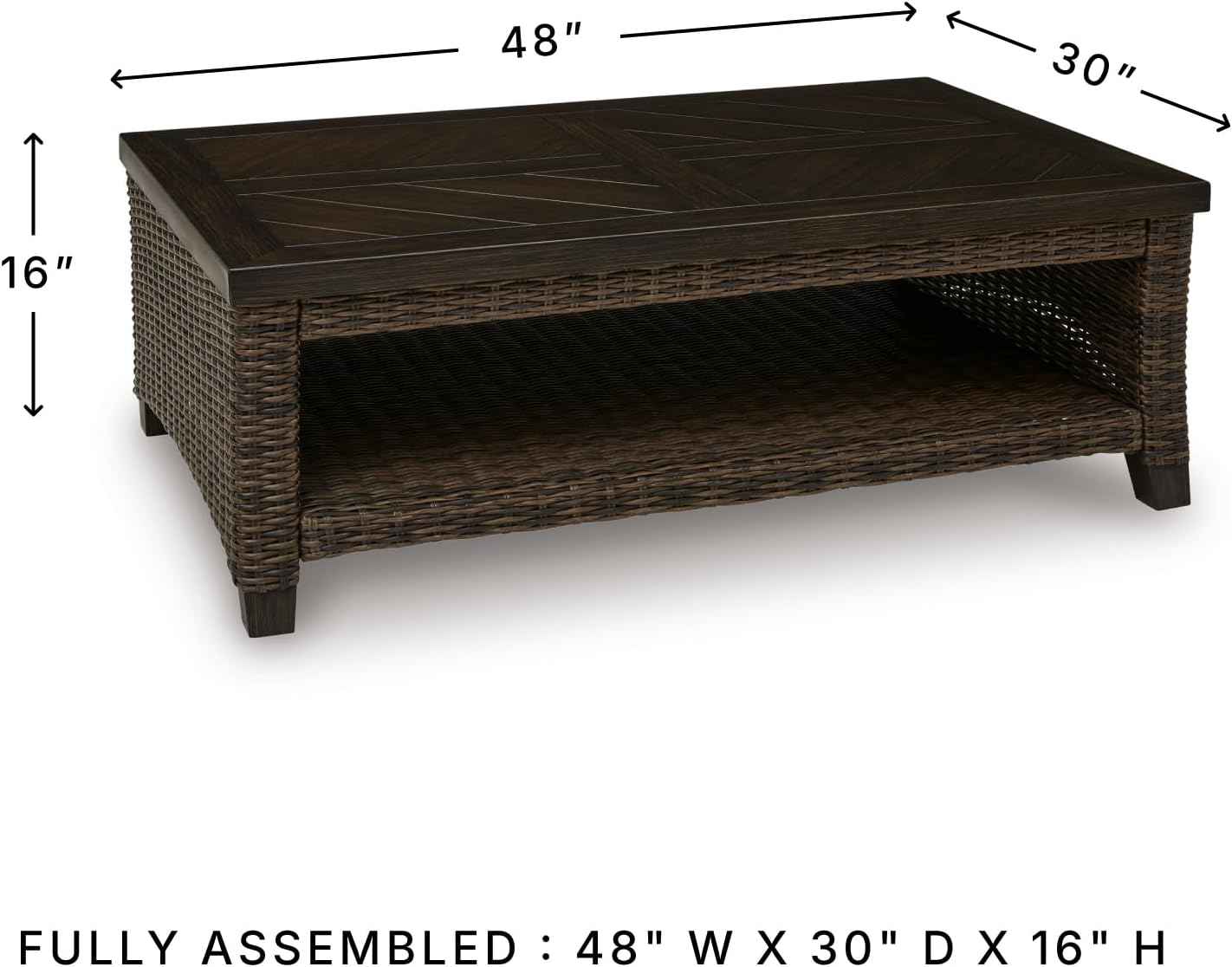 Signature Design by Ashley Drakes Beach Outdoor Coffee Table, Resin Wicker with Aluminum Frame and Wood‑Look Finish for Patio, Deck and Poolside Seating, 48" x 30"