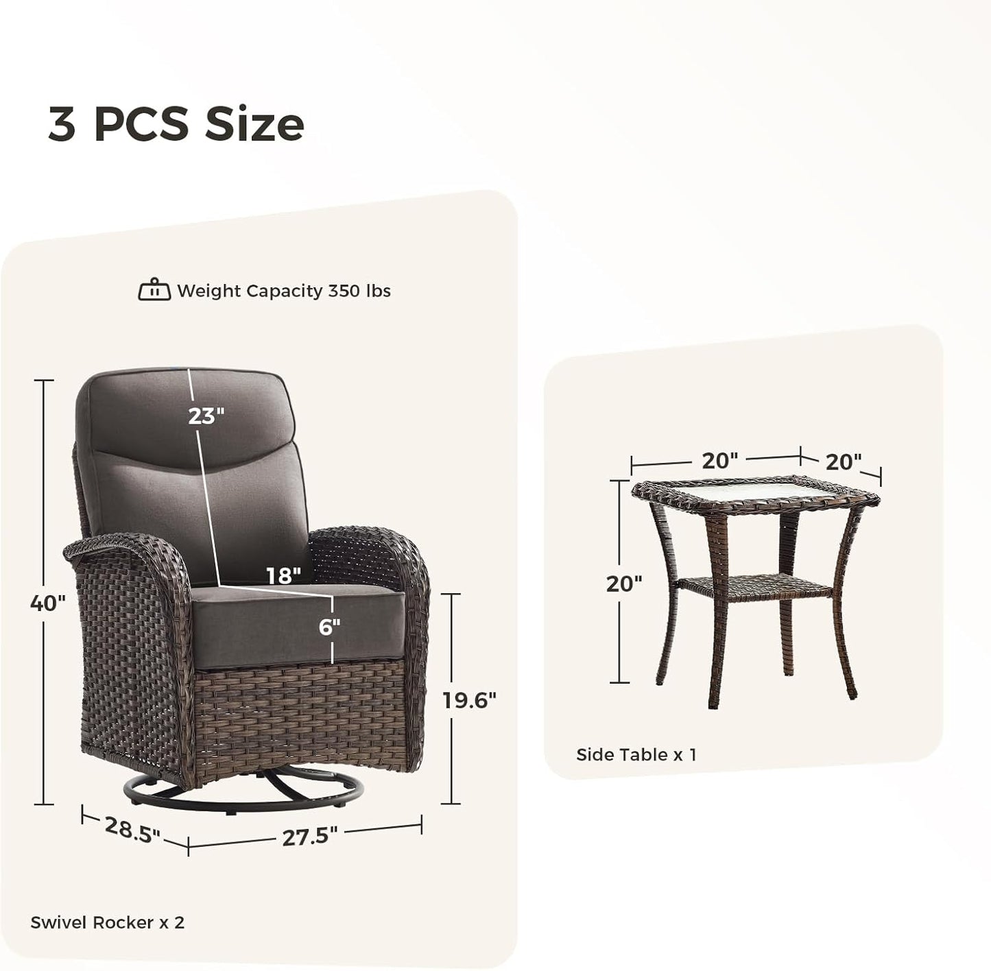 Luxury Outdoor Swivel Rocker Patio Chairs with 6-Inch Thick Cushions, High Back Swivel Glider Patio Chairs, 3PCS Wicker Outdoor Furniture Set for Porch, Patio, Yard, Deck, Poolside, Brown/Grey