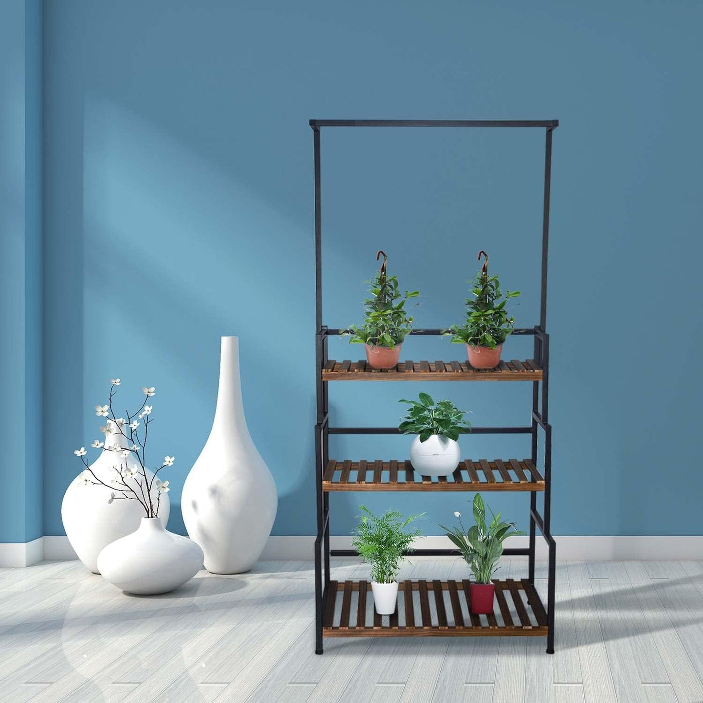 3-Tier Hanging Plant Stand Indoor, 68 Inch Tall Metal Plant Shelf for Indoor Multiple Plants, Large Plant Pot Stand Holder, Heavy Duty Ladder Shape Plant Rack for Living Room, Patio, Balcony