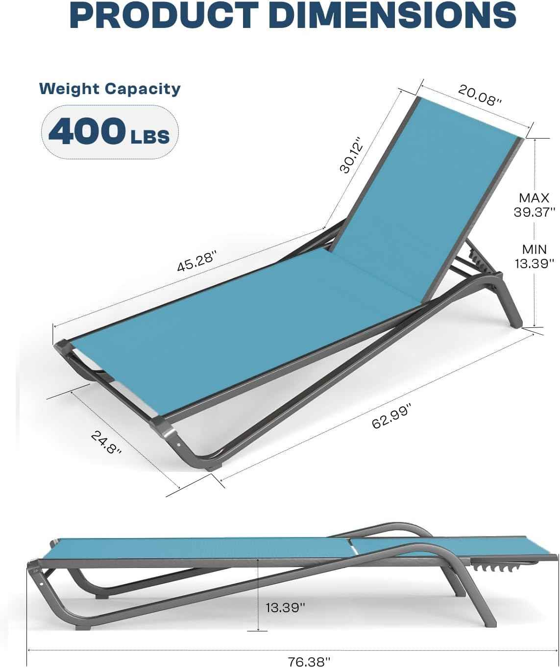 Set of 2 Patio Chaise Lounge Chairs, All-Weather Aluminum Pool Loungers for Outside, 5-Position Adjustable Sunbathing Chair for Deck, Backyard & Poolside, Rust-Proof, Sky Blue