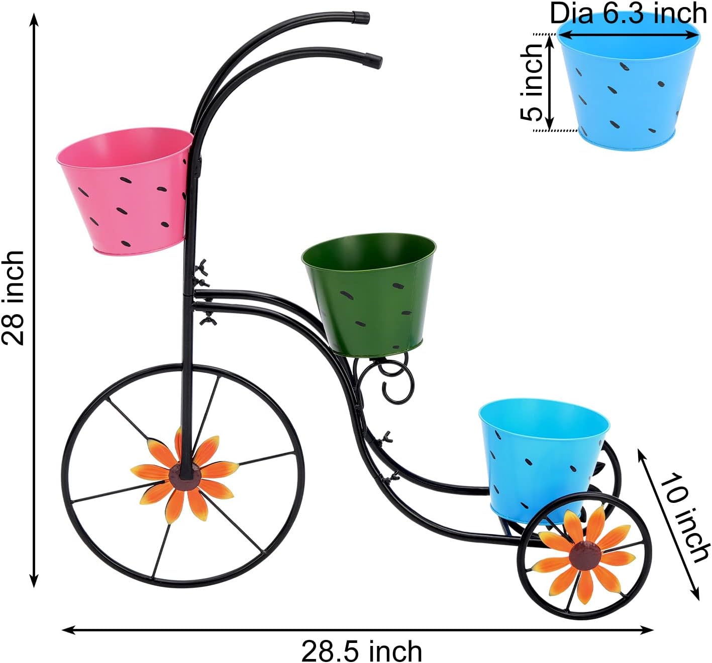 LEWIS&WAYNE Metal Tricycle Planter, 3 Tier Floral Flower Plant Stand Holder Hand Painted Outdoor Garden Patio Decor