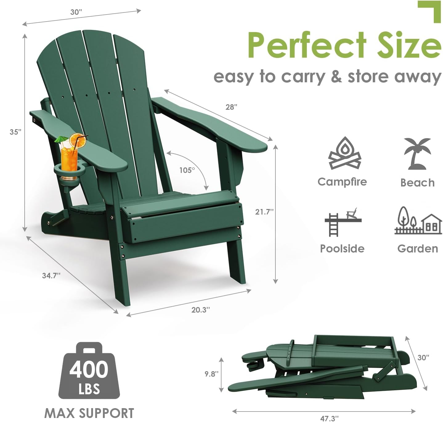 GREENVINES Folding-Adirondack-Chairs-Set-of-4 | HDPE Plastic | Fire Pit Chair | All Weather | Cup Holder | Forest | for Deck Backyard Patio Outdoor Garden