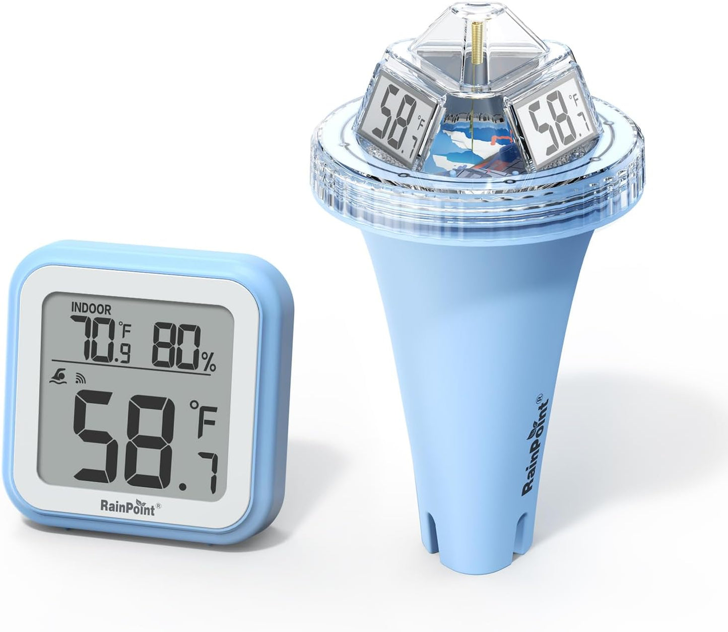 RAINPOINT Anti-Fog 360° Reading 3 Large Letters Displays Wireless Digital Pool Thermometer Floating,Dual-Layer IP68 Waterproofing Remote Temperature Monitor Easy Read Hot Tub SPA Inflatable Pool-Blue