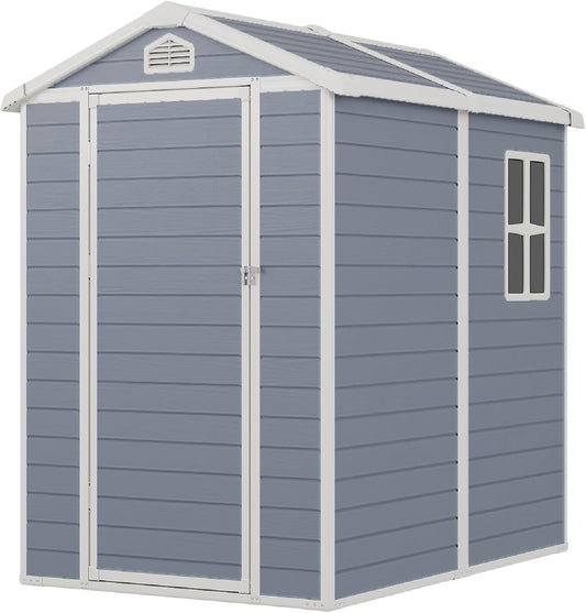 Storage Shed Plastic Outdoor Storage Shed Waterproof Container House with Lockable Door and Transparent Window for Garden, Lawn, Backyard, Patio (6x4FT)