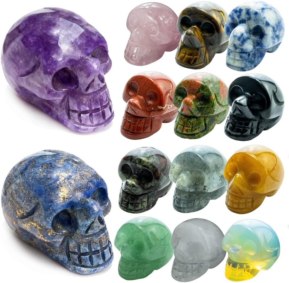 14Pcs 1 Inch Natural Crystal Skulls Set, Hand Carved Polished Gemstone Ghost Head Statues, Mixed Natural Mineral Crystal Skulls, Reiki Healing Stone Crafts, Desktop Home Decor Ornament