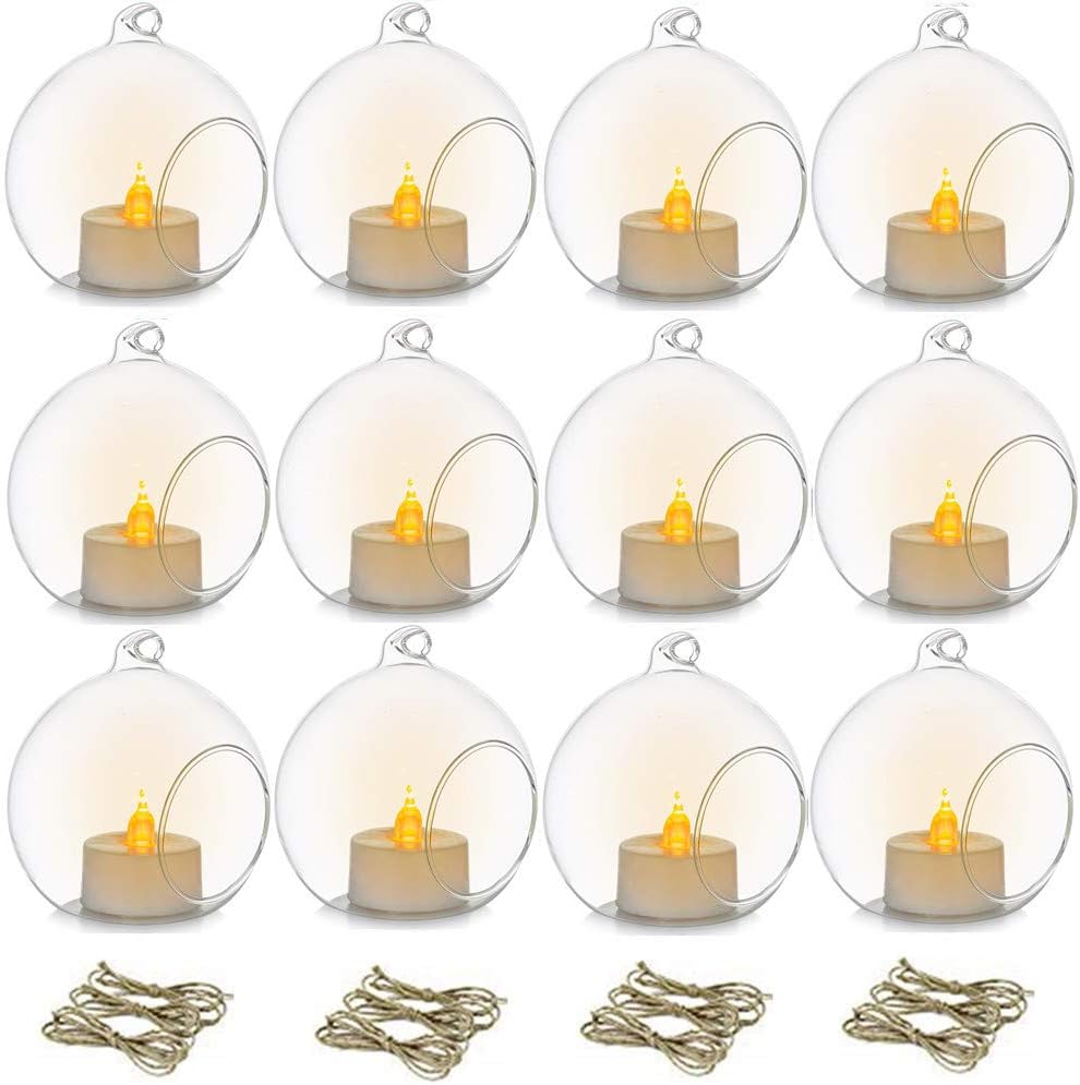 12 Pcs 3.15"/ 8cm Hanging Glass Tealight Holder Globe with LED Tealight, Plant Terrariums Glass Orbs Air Plants Tea Light Candle Holders Home Decor Indoor Outdoor Garden DIY Gifts (12 Pcs)
