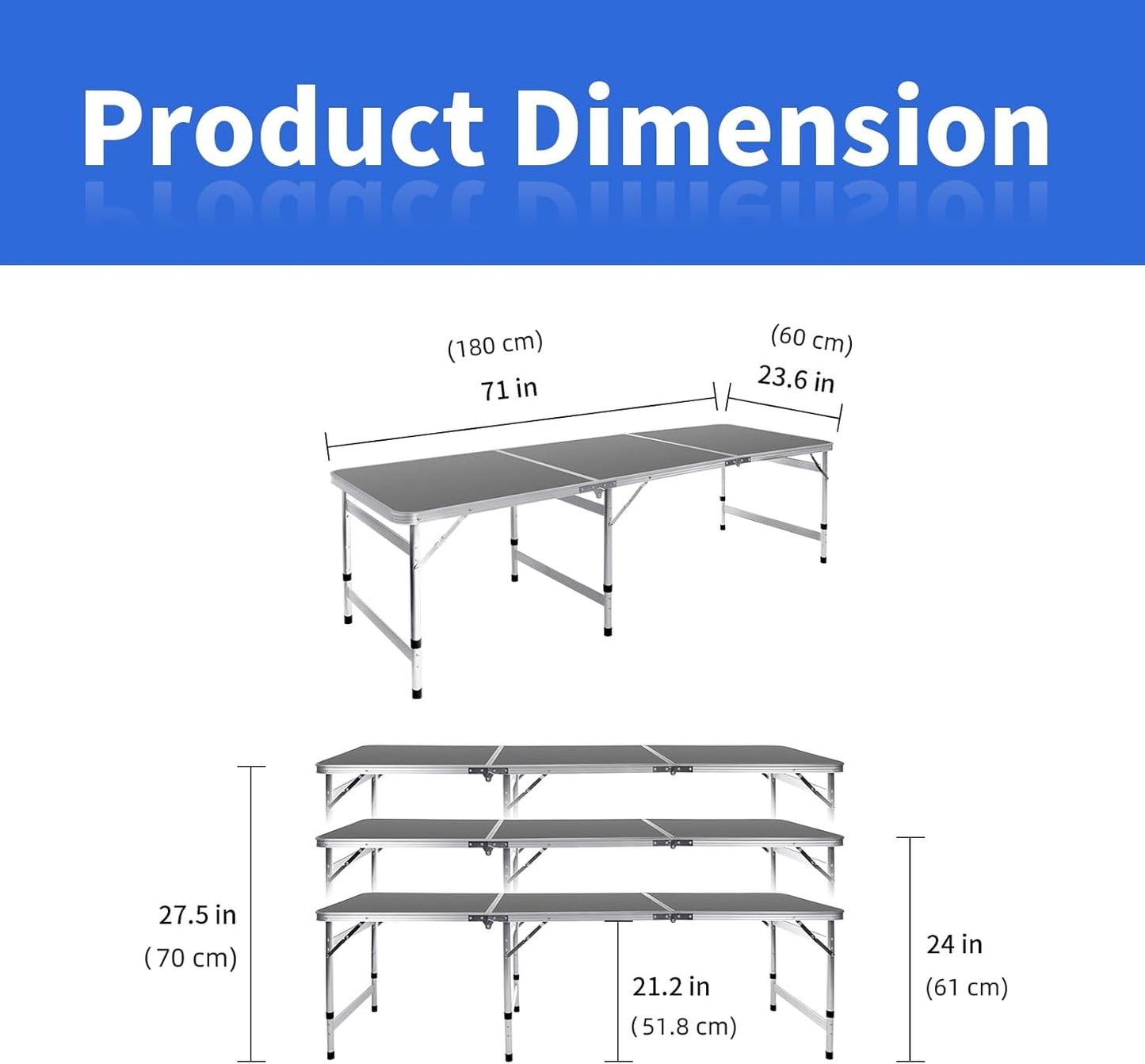 Moosinily Camping Table 6FT Folding Table Large 3 Adjustable Height Portable Picnic Table Camp Aluminum Outdoor Picnic BBQ Black