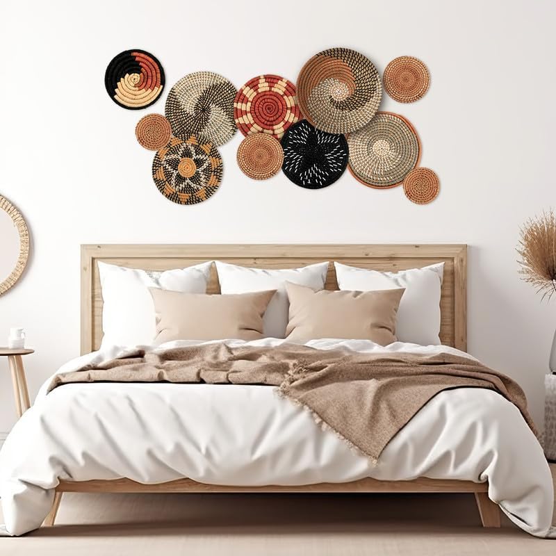 Tatuo 11 Pcs Boho Wall Basket Decor Decorative Bulrush Woven Basket Wall Decor Art Round Farmhouse Hanging Baskets for Kitchen Rustic Home Summer Decorations, Multi Sizes(Classic)