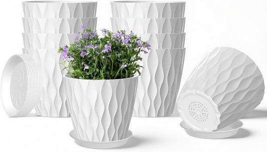 10 Pack 5 Inch Plant Pots with Drainage and Saucers, White Plastic Flower Pots for Indoor and Outdoor Plants, Stackable Nursery Planters for Houseplants and Herbs, White
