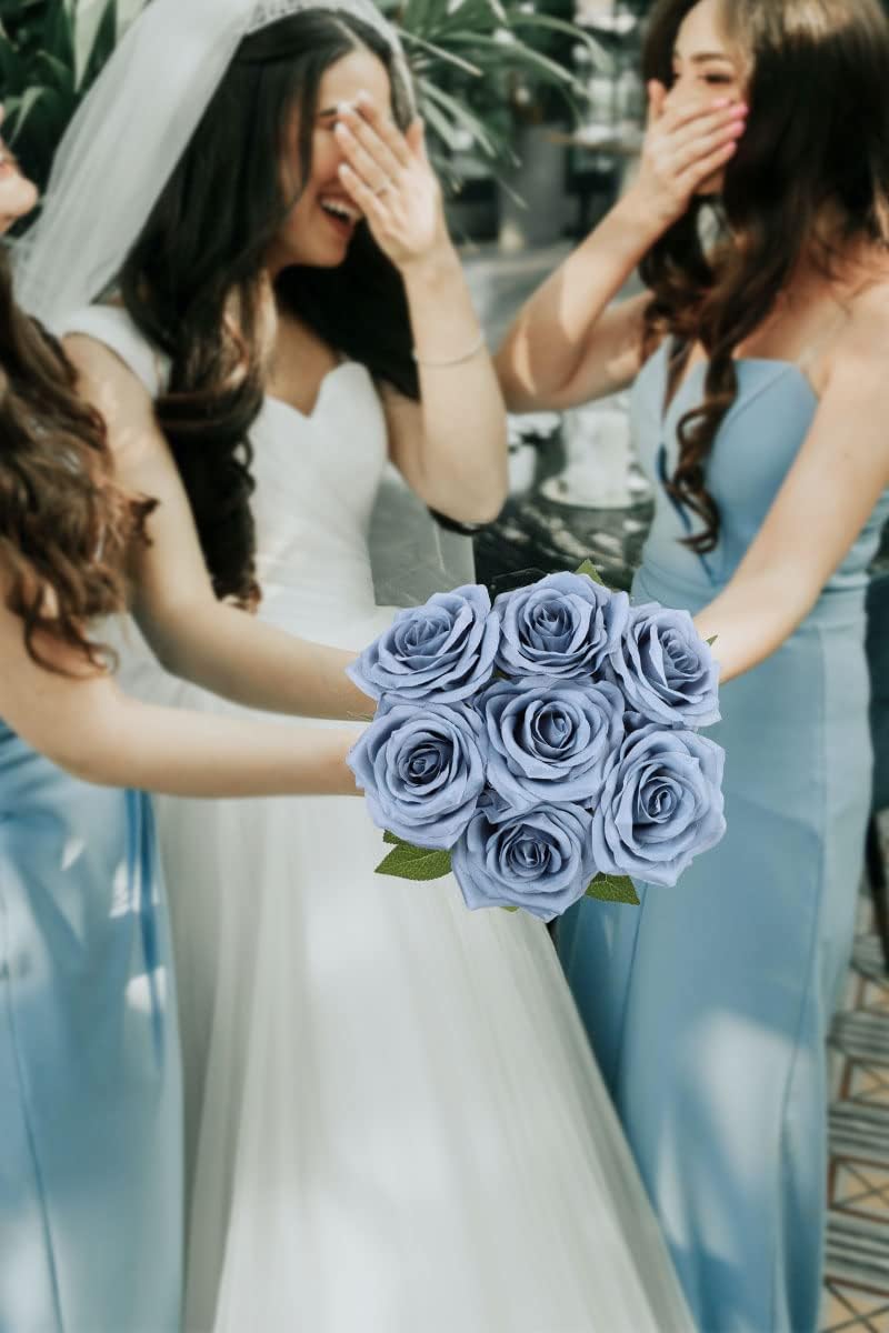 LVEFIT Artificial Rose Flower Dusty Blue Flowers Dusty Blue Roses Silk Flowers 12 pcs with Long Stem Silk Roses Bouquet for Wedding Bridal Shower Party Home Decoration