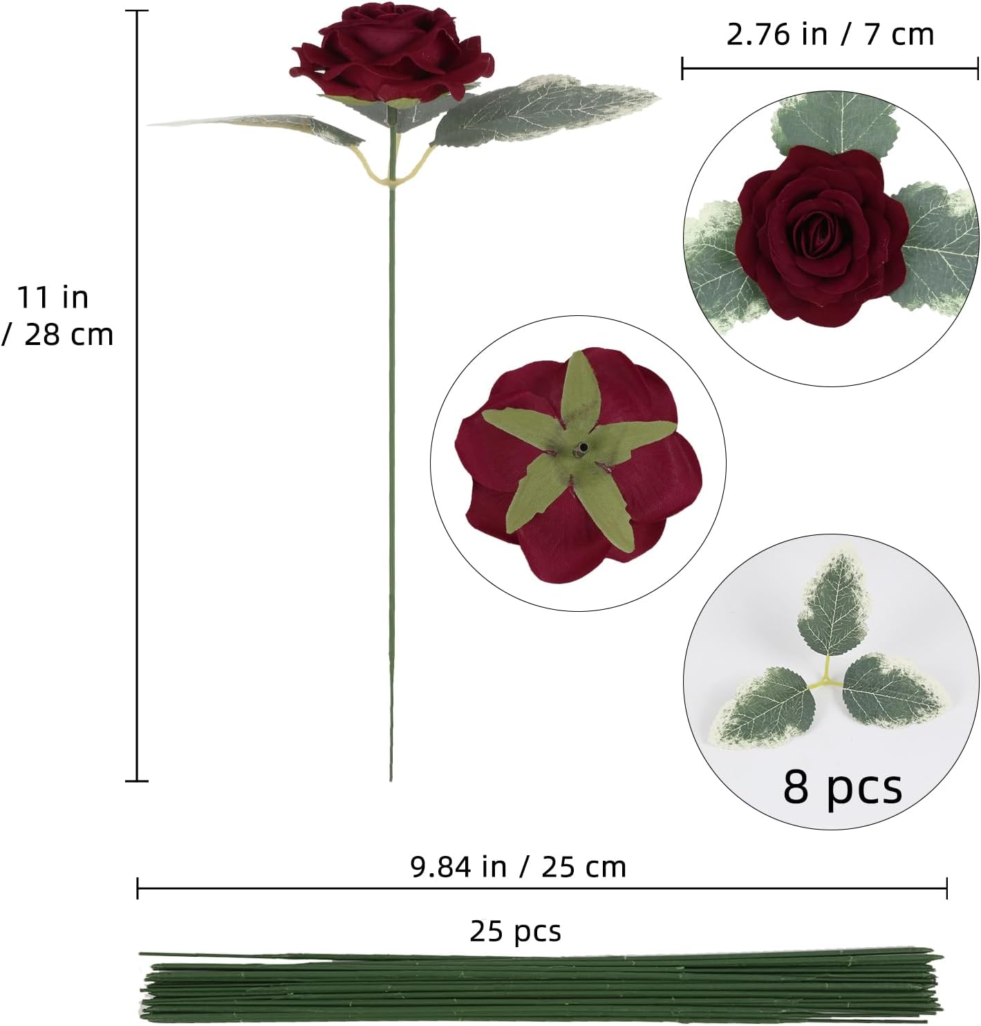 25PCS Rose Artificial Flower Heads 7 CM 2.75 in Velvet Rose Flowers Real Look Rose Flower Heads for DIY Wedding Home Party Baby Shower Decor (Burgundy)