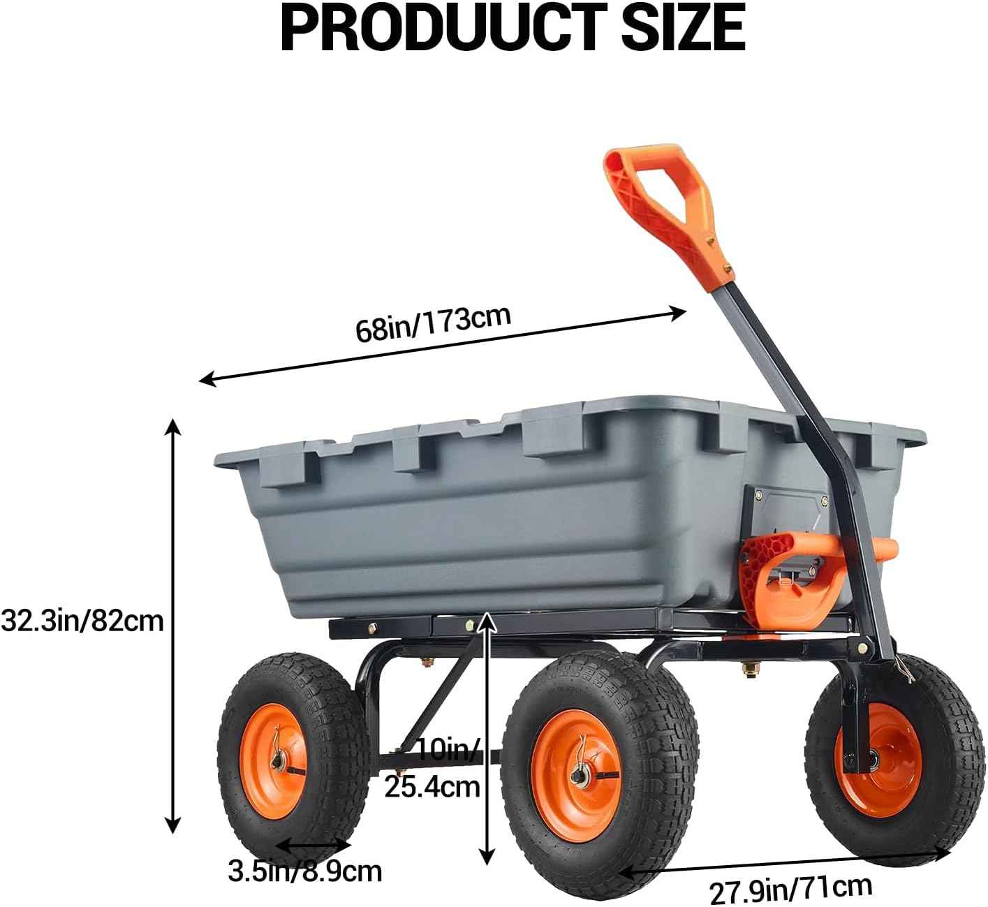 800 lbs Poly Garden Dump Cart, Heavy-Duty Wheelbarrow with 10-Inch Tires, 180° Rotating Handle, Steel Frame, and Quick Release System for Soil, Plants, Gardening Tools, and Firewood (Grey)