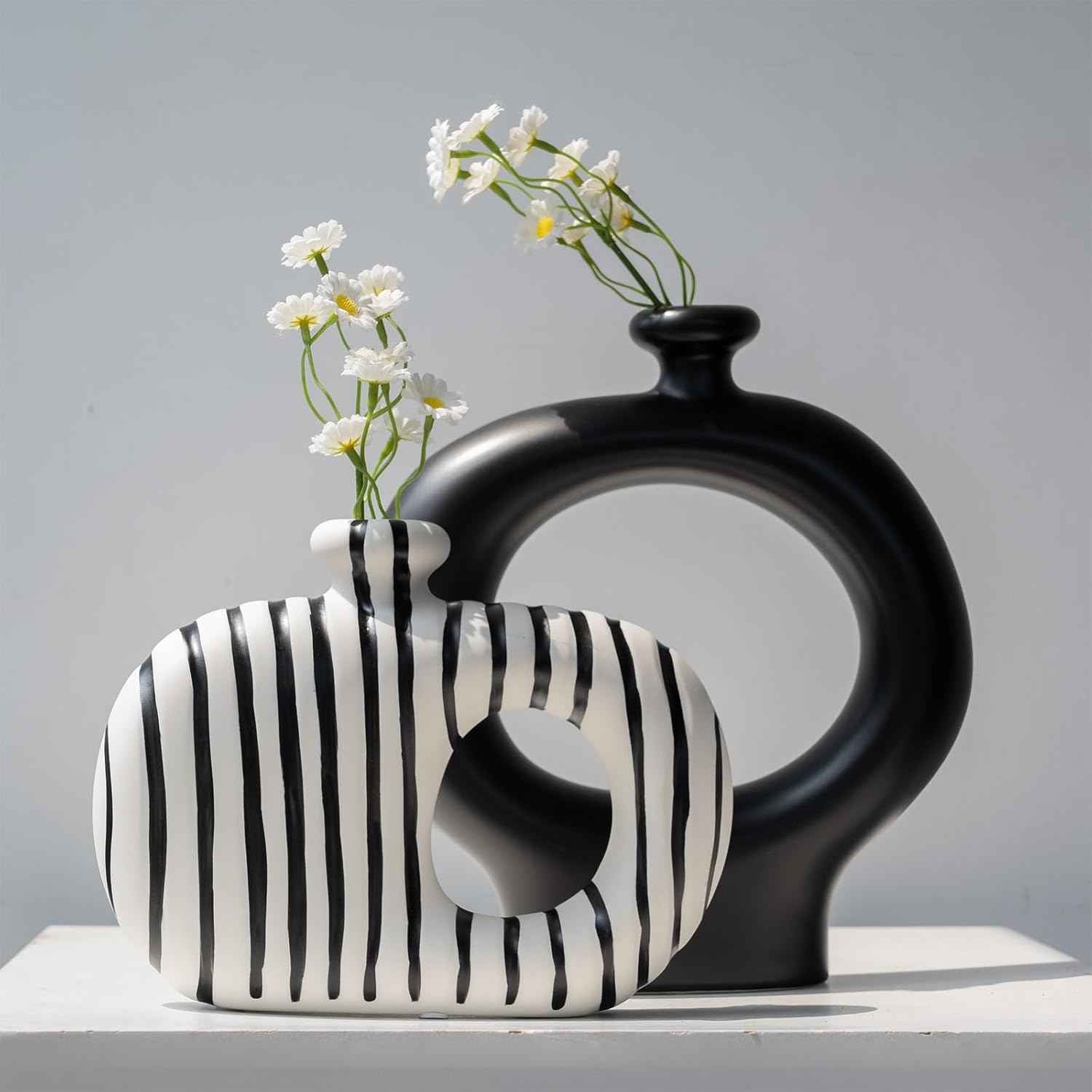 Relexome Donut Vases Set of 2,Black & White Striped Hollow Ceramic Flower Vases,Modern Nordic Minimalist Round Decorative Vase for Pampas Grass,Dried Flowers,Living Room,Table Centerpiece & Home Decor