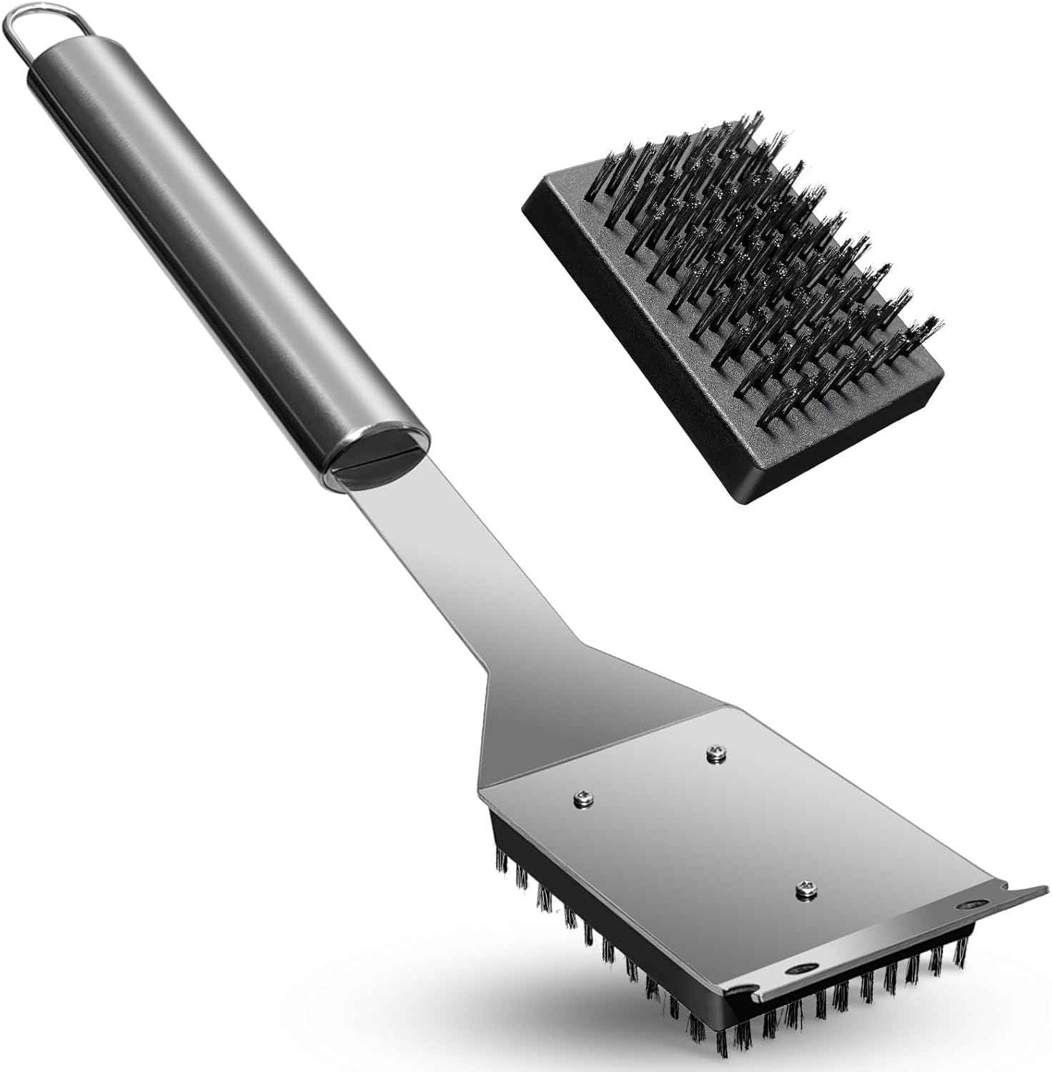 BBQ Grill Brush and Scraper, Heavy Duty Grill Cleaner with Stainless Steel Handle, Replacement Brush Head Included, Grill Cleaning Brush for Gas, Charcoal & Smoker Grill Grates （15 inch）