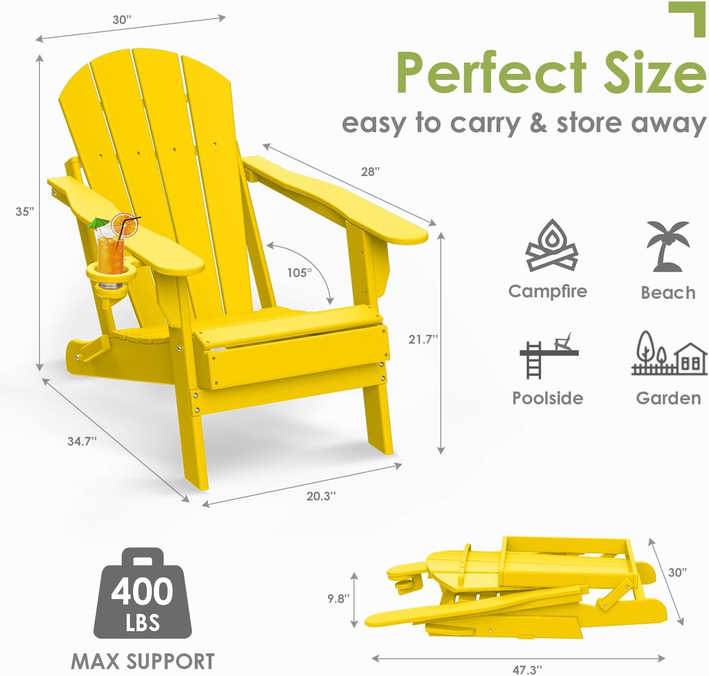 GREENVINES Folding-Adirondack-Chairs-Set-of-2 | HDPE Plastic | Fire Pit Chair | All Weather | Cup Holder | Yellow | for Deck Backyard Patio Outdoor Garden