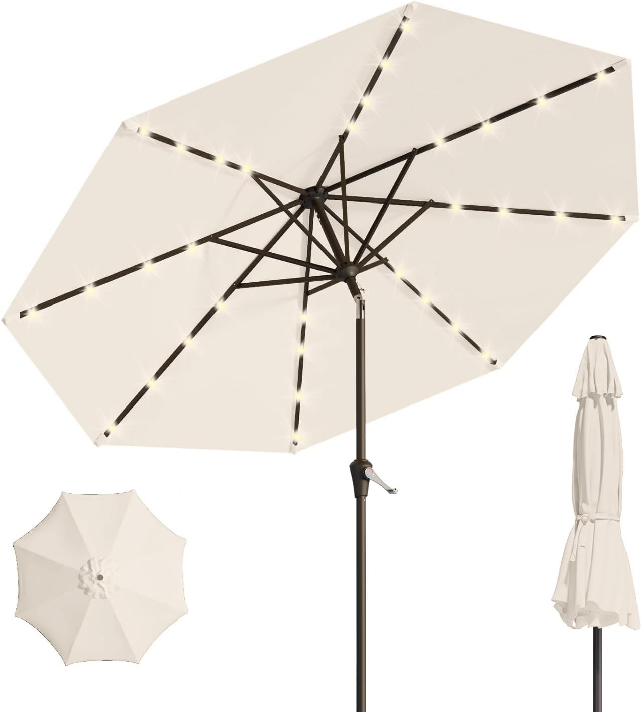 10FT Solar Umbrella 32 LED Lighted Patio Umbrella Table Market Umbrella w/Tilt and Crank, UV-Resistant Outdoor Umbrella for Pool, Garden, Deck, Creamy White