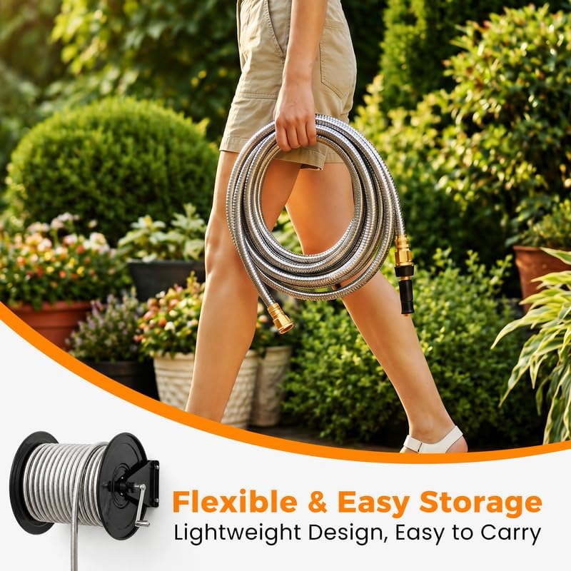 Rosy Earth Stainless Steel Garden Hose 100 FT, Heavy Duty Expandable Water Hose, No-Kink, No Bite, Flexible Garden Hoses for Yard, RV, Car