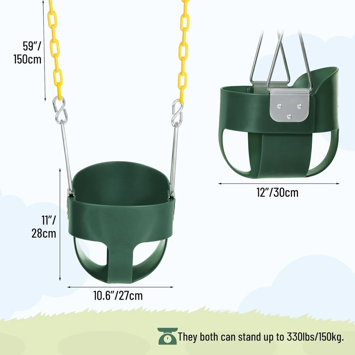 Heavy-Duty Toddler Swing with Coated Safety Chains-High Back Bucket Seat Includes Tree Straps,Hooks for Backyard, Playground,Outdoor Use (Green)