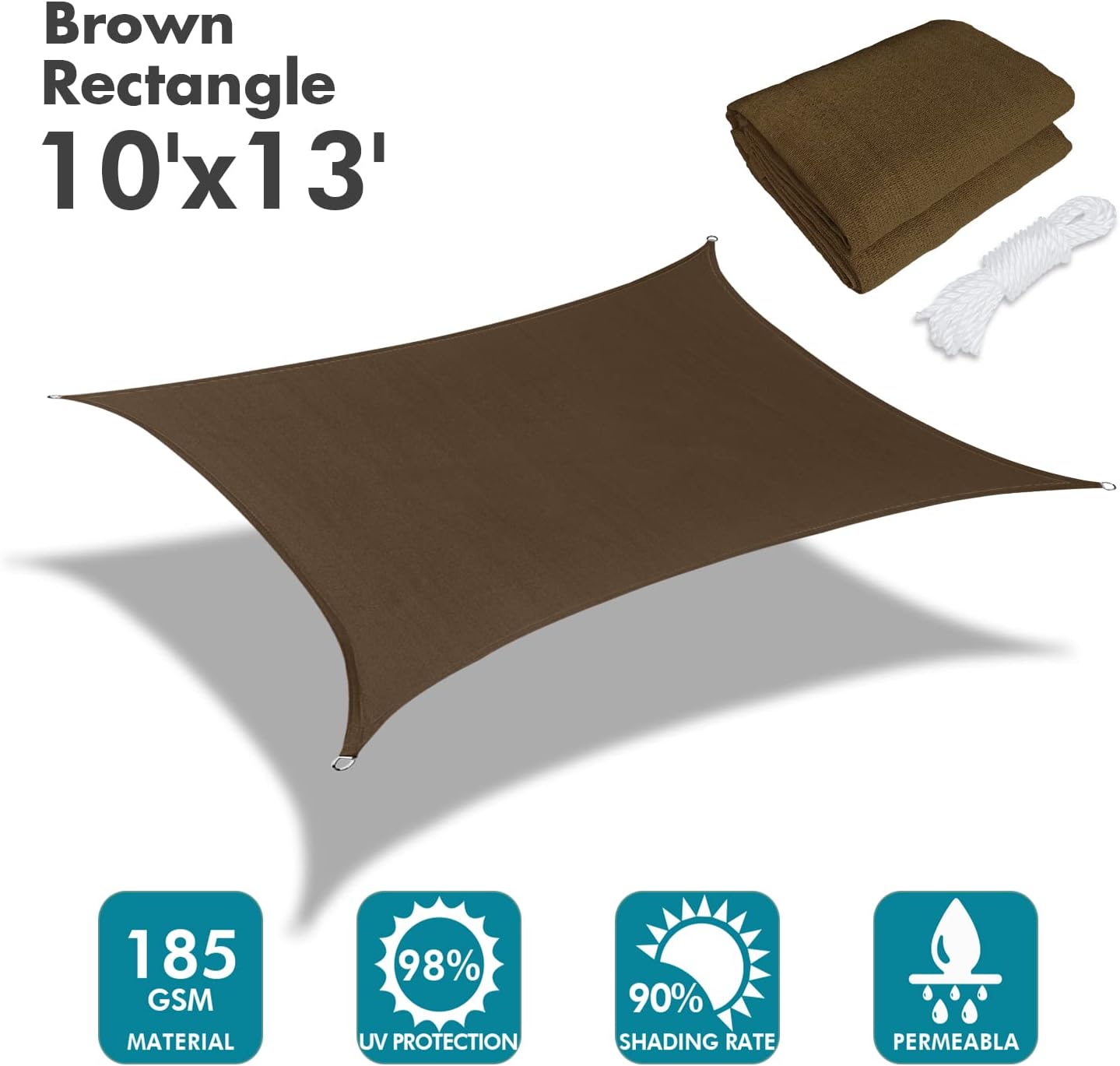 KANAGAWA Sun Shade Sail 10'x13' Brown Rectangle UV Block Canopy Awning Shelter Fabric Cloth Screen for Outdoor Patio Garden Backyard