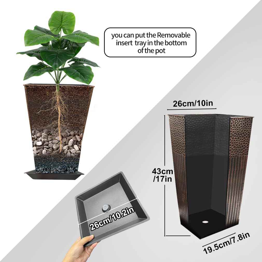 2 Pcs Pack Metal Tall Tapered Planter Pots Steel Large Square Planter Flower Pot with Drainage Holes for Indoor Outdoor Deck Porch Garden Home Patio Front Door (Antique Copper, 17" H.)