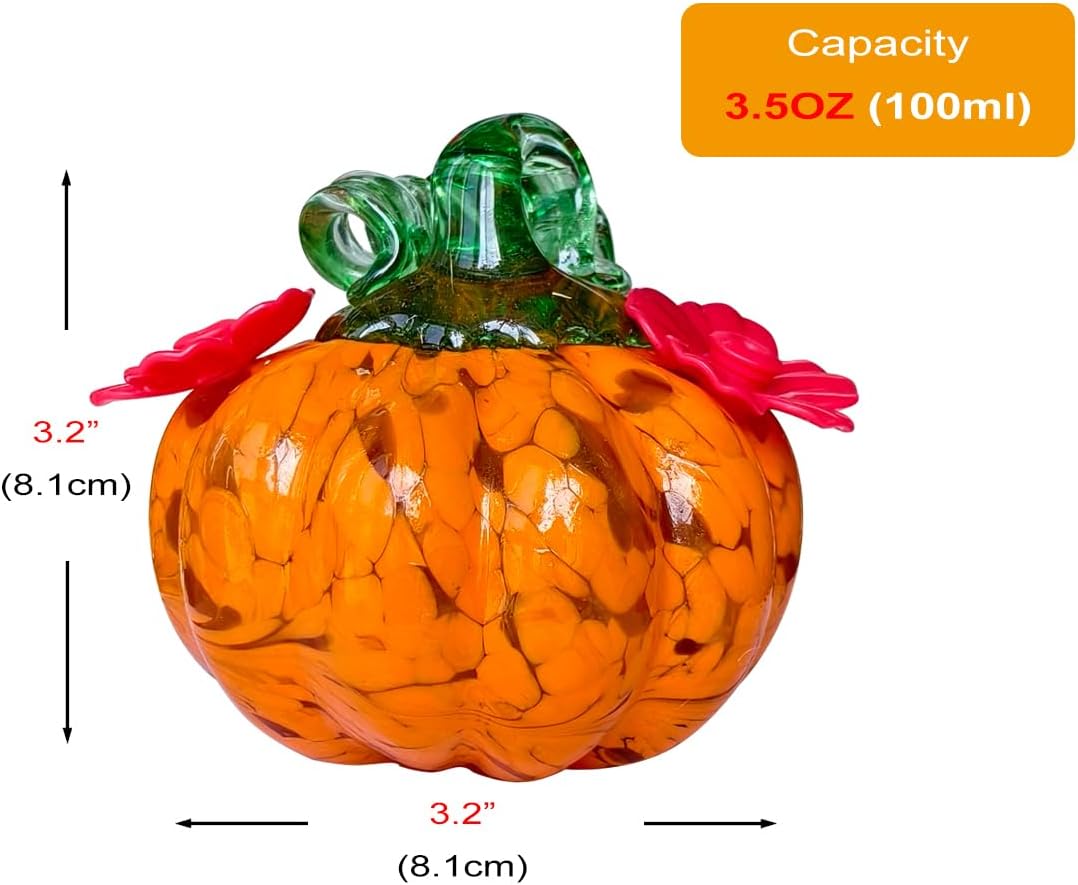 Small Glass Hummingbird Feeders for Outdoors Hanging - Hand Blown Glass Pumpkin Nectar Feeding, Orange Yellow with 2 Flowers Feeding Ports, Decor for Garden/Backyard Outside