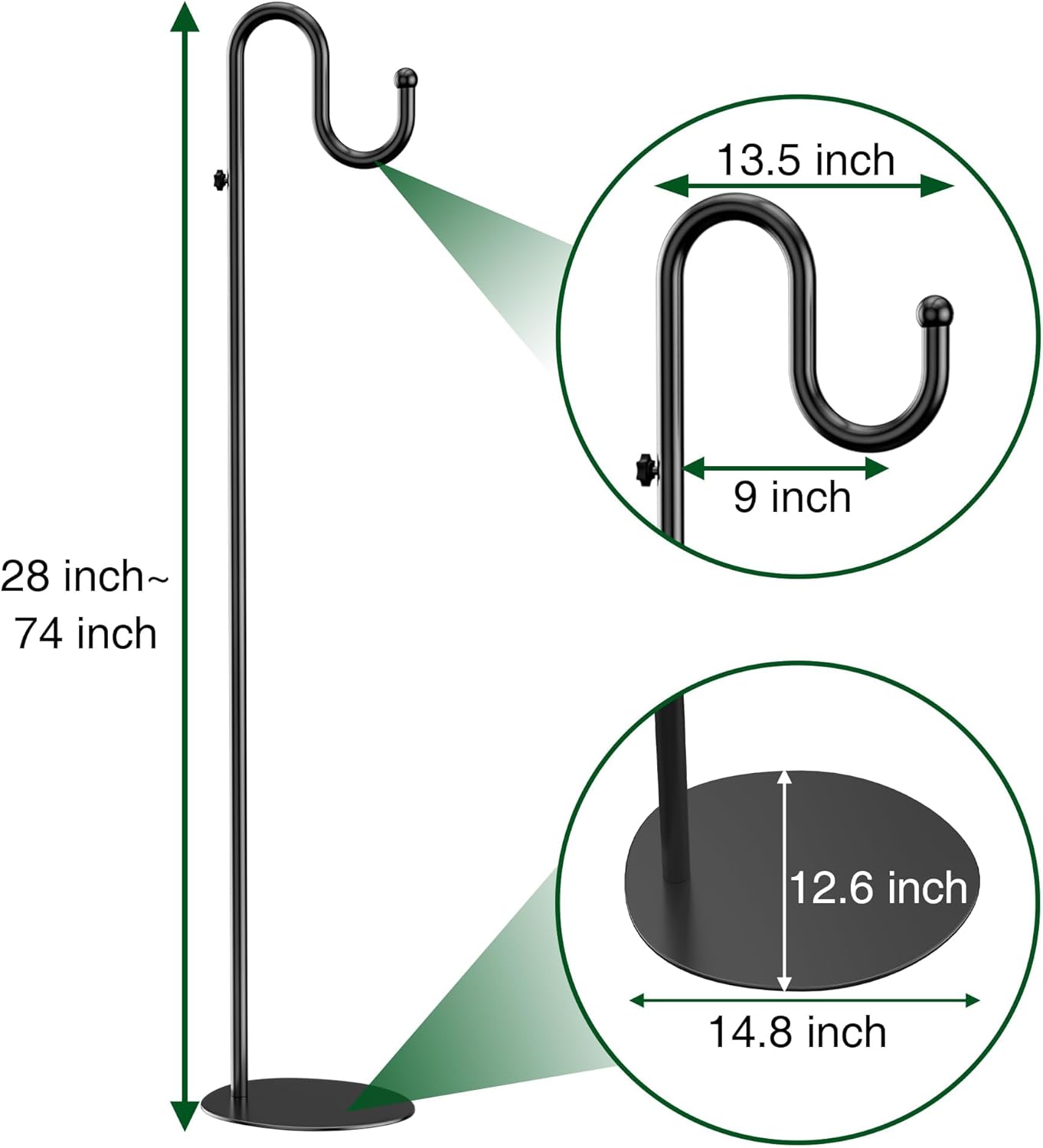 74" Shepherds Hook Stand for Plant: Hanging Bird Feeders, Plants, Lanterns, Wreath and Wind Chimes, Adjustable Free Standing Pole Holder with Heavy Duty Base for Indoor & Outdoor, Holds Up to 20 LBS