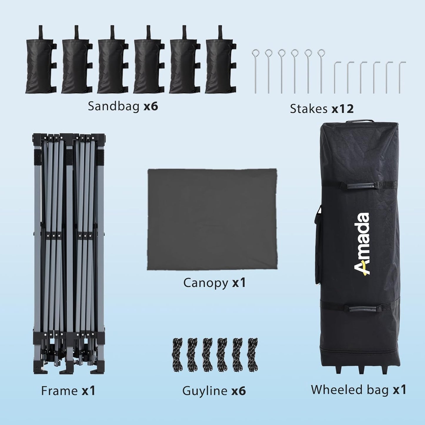 Amada 20x10 Pop Up Canopy Tent - Center Lock One Push Commercial Instant Canopies with 3-Height Adjustable & Wheeled Bag, 12 Stakes 6 Sandbags 6 Ropes, Great for Trade Shows, Events (20x10ft, Grey)