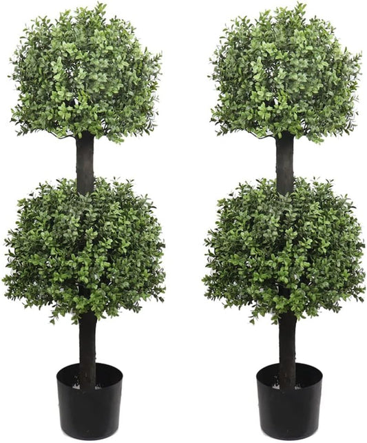 Artificial Topiary Trees Outdoor Boxwood Double Ball 40''T Potted Plants Home Decor 2 Pack