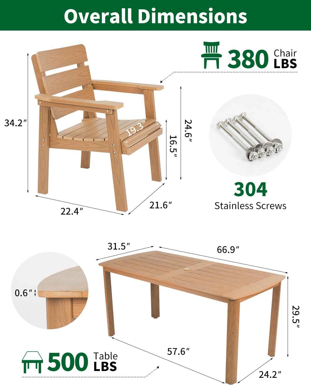 7-Piece Outdoor Dining Set, All-Weather HIPS Patio Table & Chairs for 6, Outdoor Furniture with Umbrella Hole, Ideal for Garden, Poolside, Backyard, Deck, Teak
