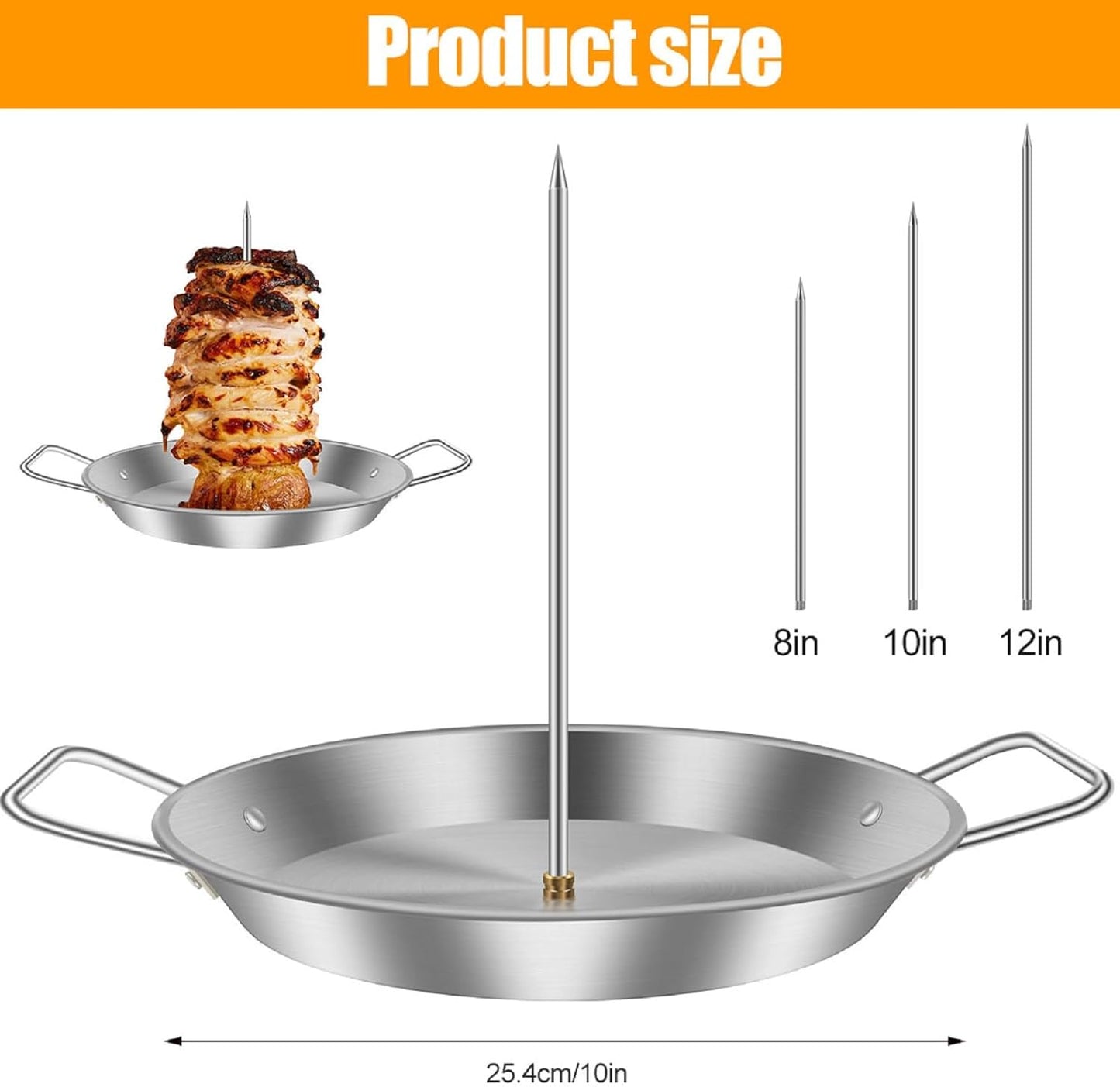 Vertical Skewer Pan, BBQ Skewer for Al Pastor, Stainless Steel Vertical Spit Stand with 3 Removable Spikes (8" / 10" / 12") for Oven Grill Use, for Shawarma Kebabs Tacos Barbecue Dishes