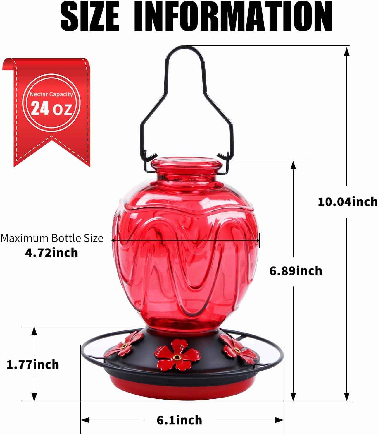 Glass Hummingbird Feeder for Outdoors Hanging, 24Ozs Humming Bird Nectar Feeder w/Perch, 5 Flower Feeding Ports, Leak Proof Base and Hook for Outside Garden Backyard Decor, Gifts for Women Mom, Red