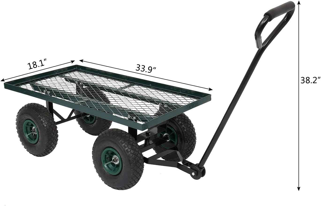 Outvita Metal Deck Garden Cart with 10” Air Tires, Heavy Duty Wagon Cart for Farm, Yard and Cargo (Green)