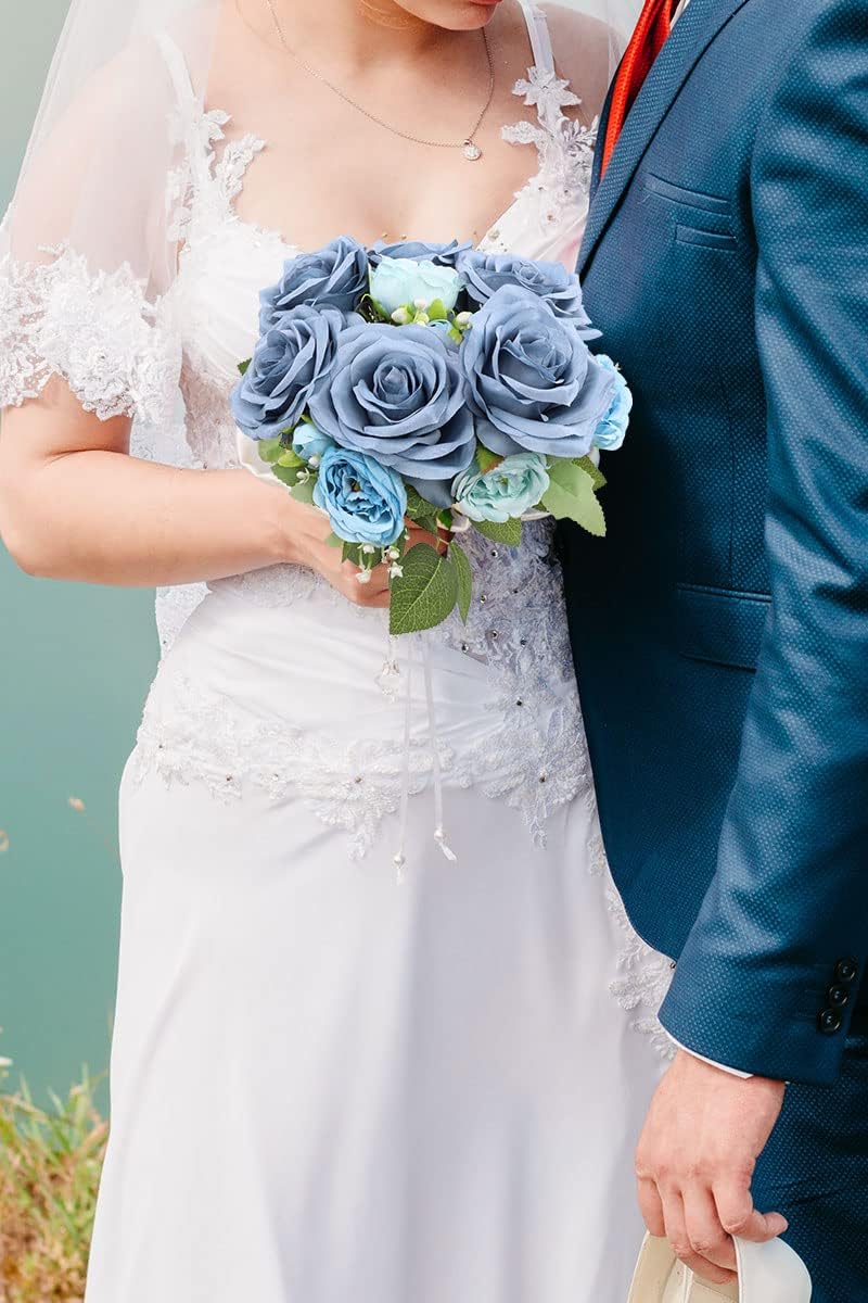 LVEFIT Artificial Rose Flower Dusty Blue Flowers Dusty Blue Roses Silk Flowers 12 pcs with Long Stem Silk Roses Bouquet for Wedding Bridal Shower Party Home Decoration