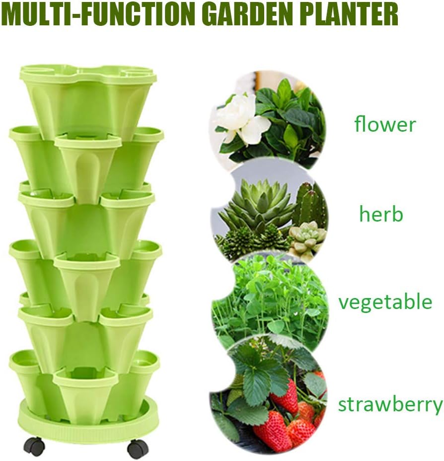 5 Tier Stackable Strawberry Planter Vertical Garden Stacking Herb Vegetable Planters with Removable Wheels Saucer, 4- Compartment Pot