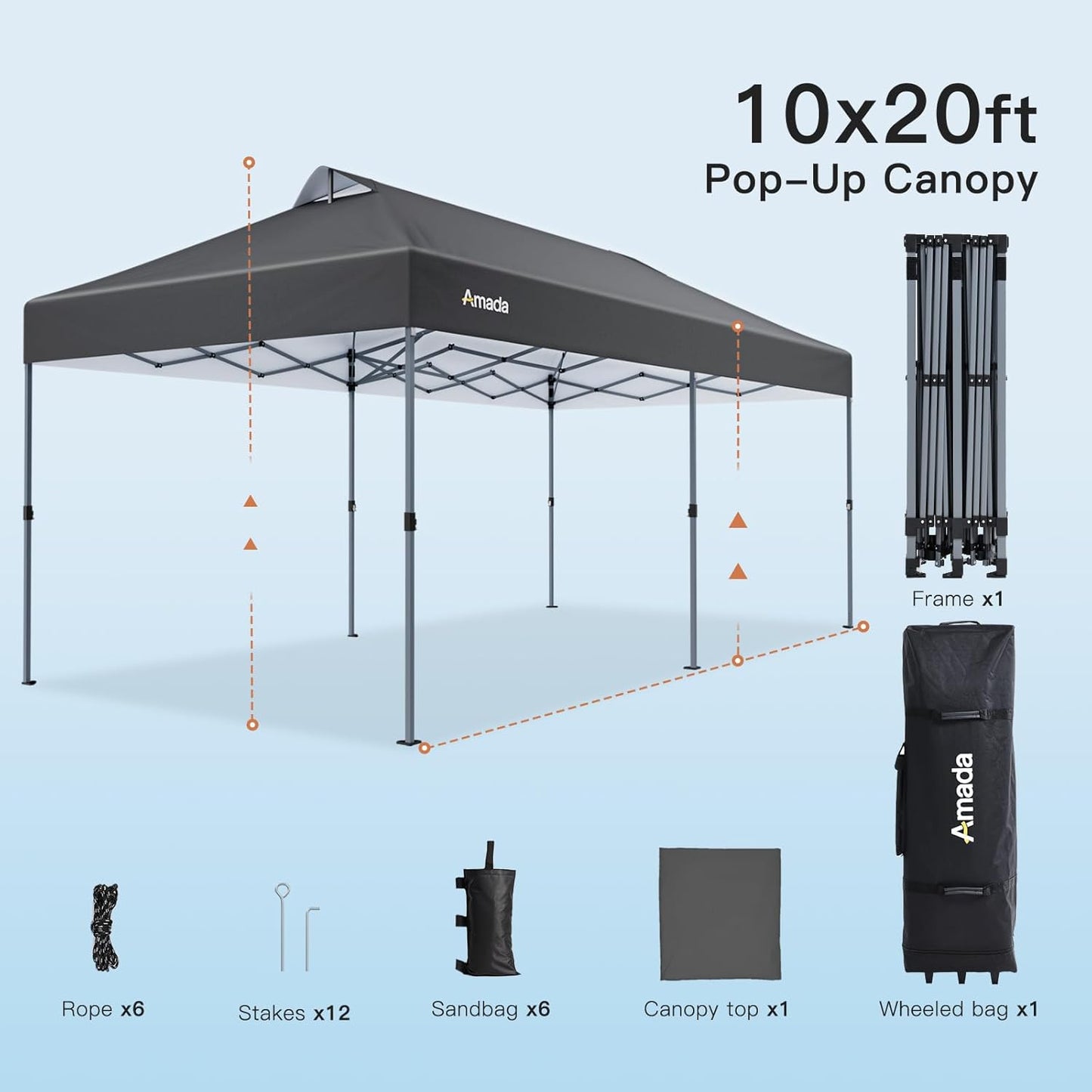 Amada 20x10 Pop Up Canopy Tent - Center Lock One Push Commercial Instant Canopies with 3-Height Adjustable & Wheeled Bag, 12 Stakes 6 Sandbags 6 Ropes, Great for Trade Shows, Events (20x10ft, Grey)