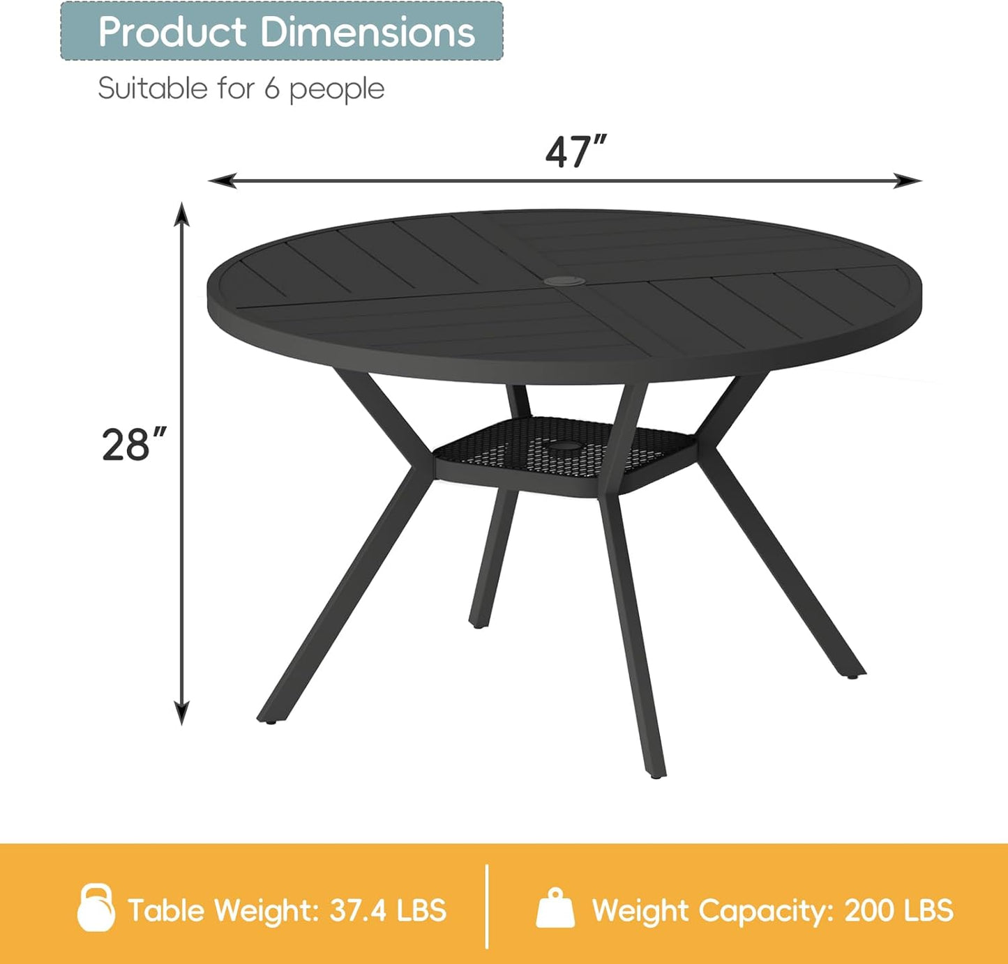 47" Outdoor Patio Table Dining Table, All Weather Metal Round Patio Table with Adjustable Umbrella Hole, Patio Furniture for Lawn Garden Backyard, Black