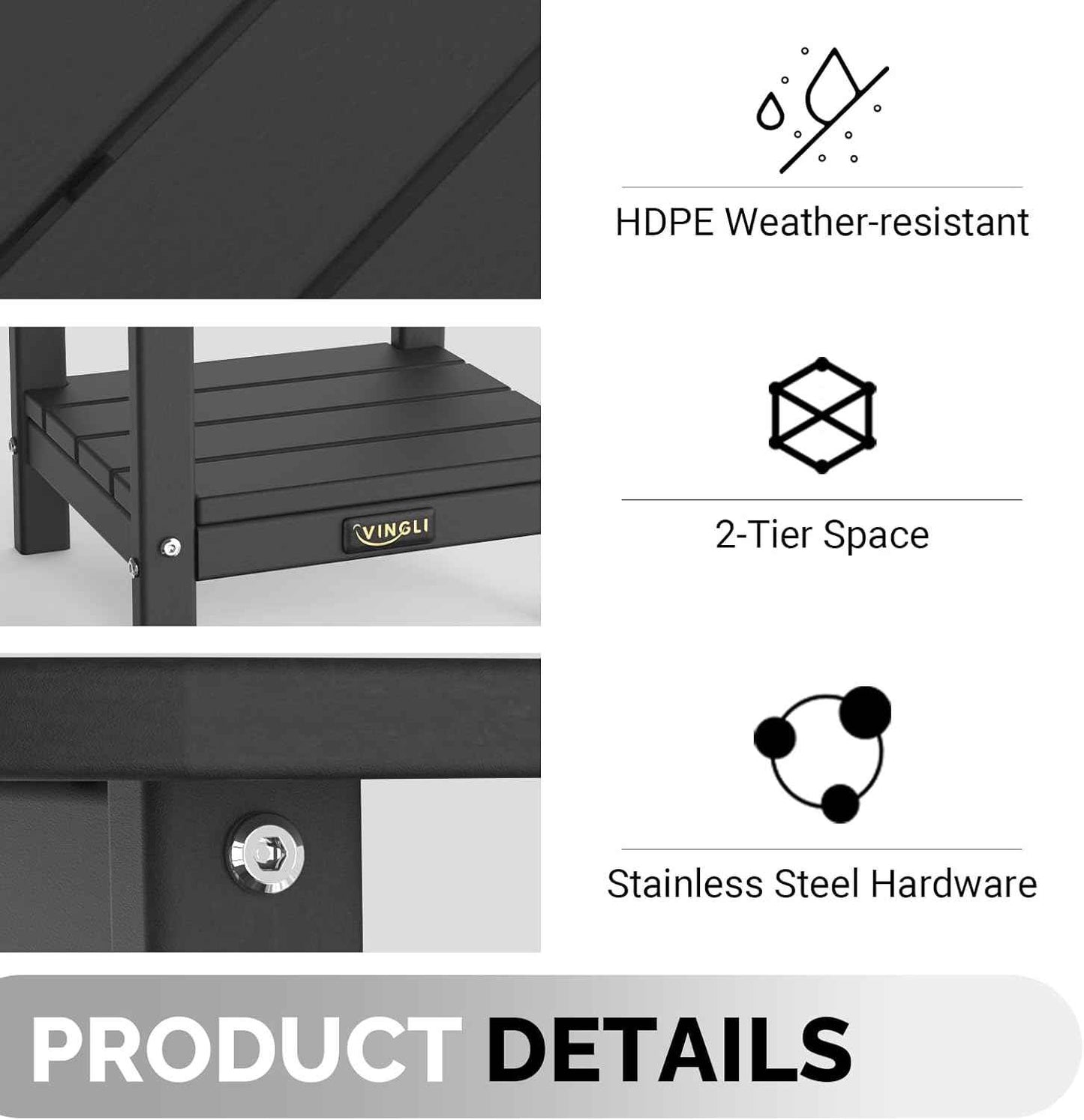 VINGLI Outdoor Side Table, 2-Tier HDPE Adirondack Side Table with Storage, Weather-Resistant Patio End Table for Backyard, Pool, Deck, Indoor Use (Black)