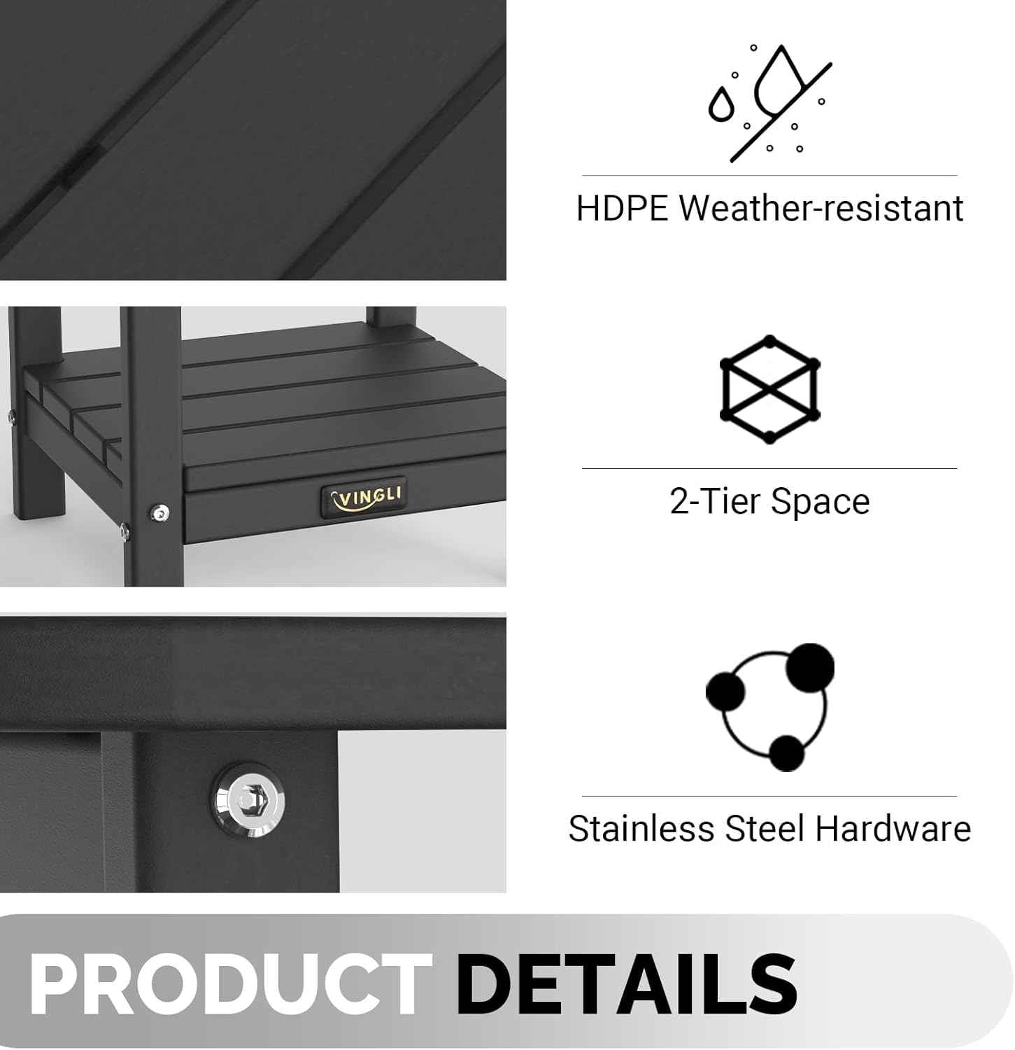VINGLI Outdoor Side Table, 2-Tier HDPE Adirondack Side Table with Storage, Weather-Resistant Patio End Table for Backyard, Pool, Deck, Indoor Use (Black)