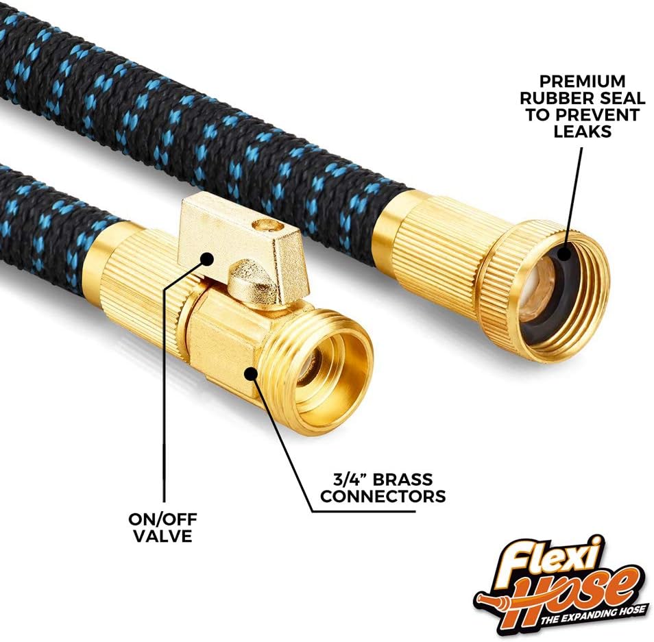 Flexi Hose with 8 Function Nozzle, 50FT - Lightweight Expandable Garden Hose, No-Kink Flexibility, 3/4 Inch Solid Brass Fittings and Double Latex Core
