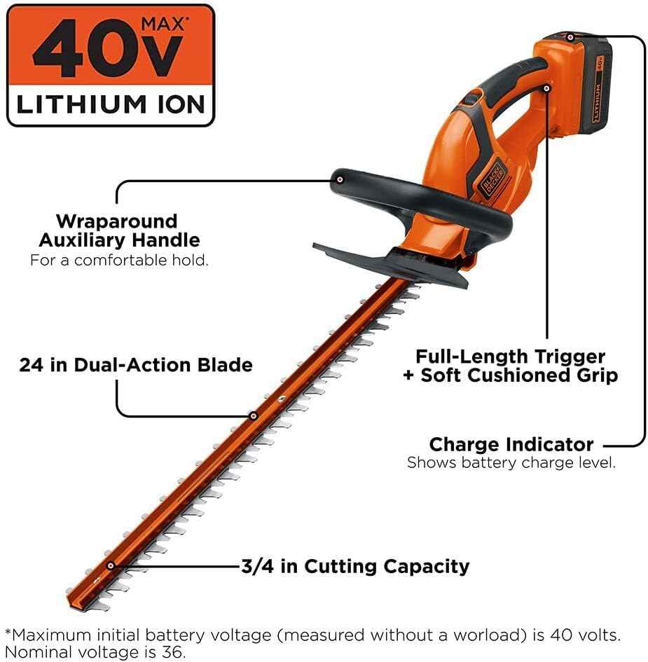 BLACK+DECKER 40V MAX Hedge Trimmer, Cordless, 24-Inch Blade, Battery and Charger Included (LHT2436)